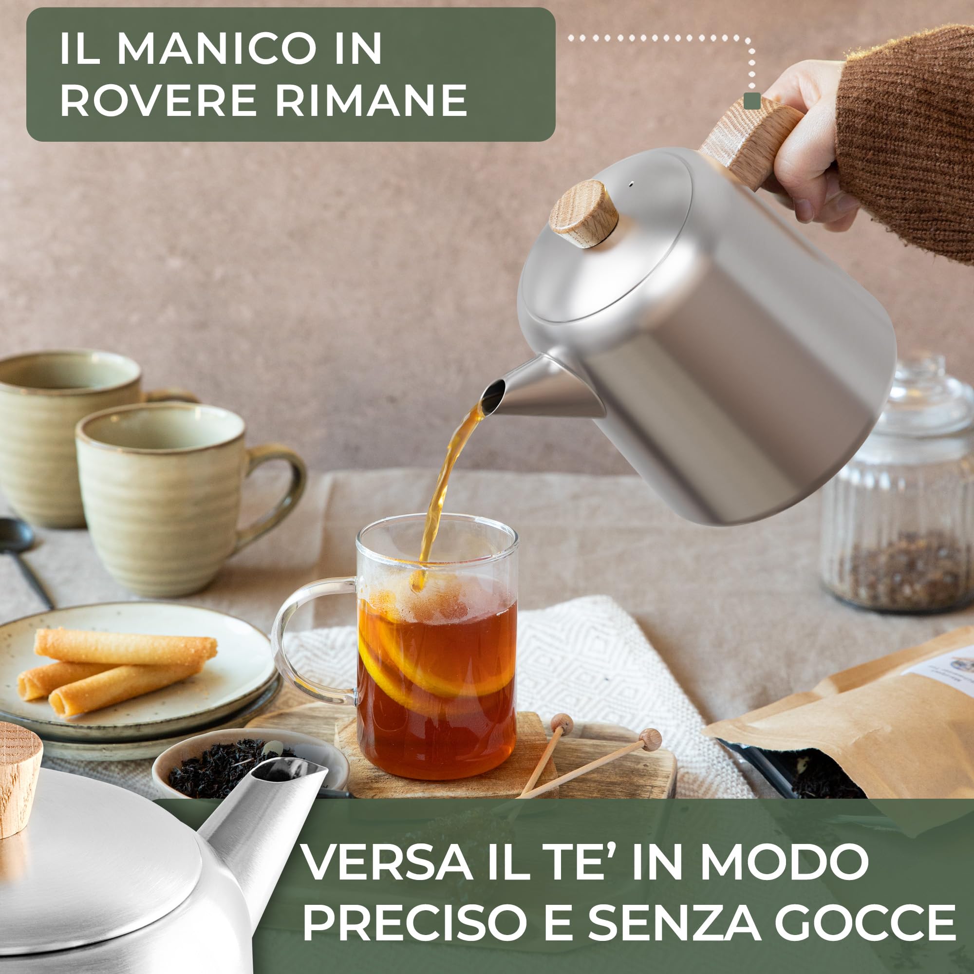 WALDWERK Teiera con scaldino (1,1L) – Teiere con filtro in acciaio inox 304 – Tisaniera in acciaio inox con manici in legno di quercia – 100% antigoccia – Teiera con filtro rimovibile