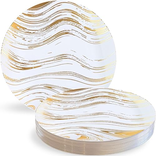 Blue Sky Curve - Platos desechables redondos de 6 pulgadas, 10 unidades, platos de plástico blanco con acento de curva dorada, perfectos para Blue Sky Curve - Platos desechables redondos de 6 pulgadas, 10 unidades, platos de plástico blanco con acento de curva dorada, perfectos para