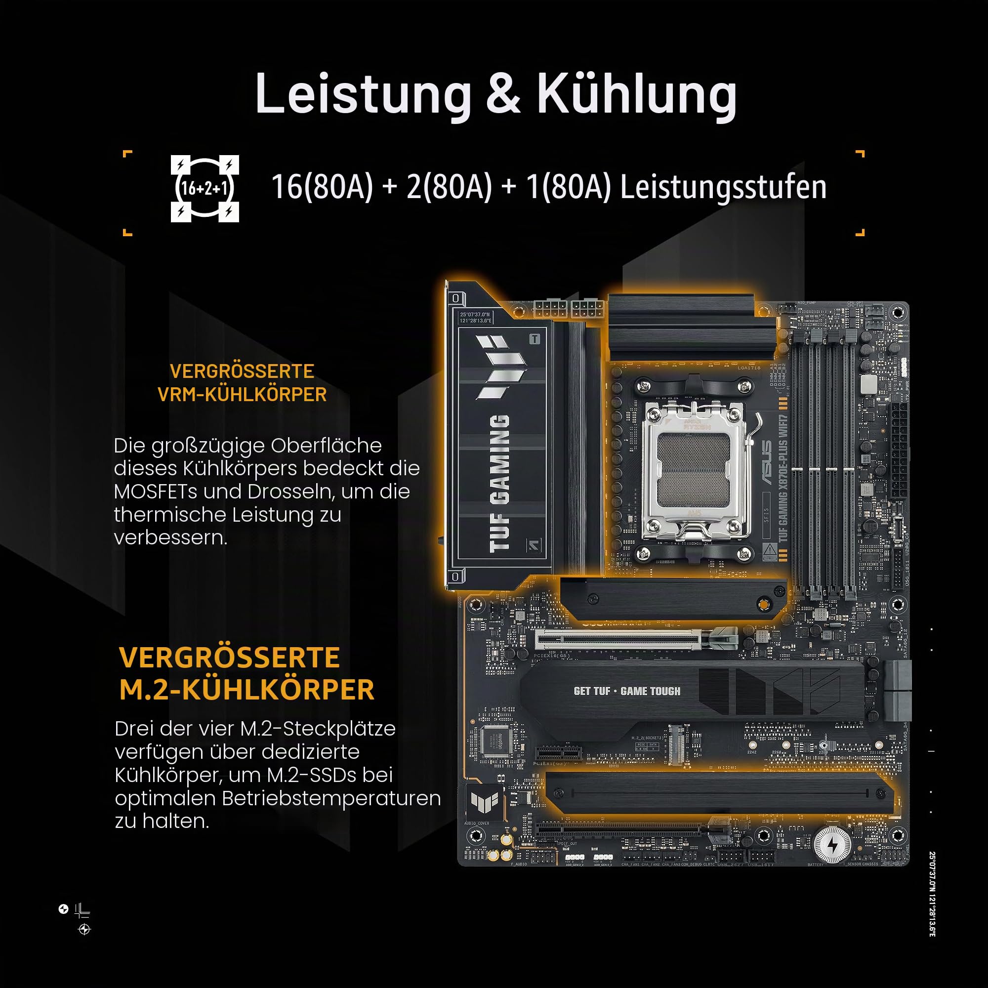 TUF Gaming X870E-PLUS WIFI7 AMD X870E ATX Motherboard mit 16+2+1 80A Leistungsstufen, DDR5 Unterstützung mit AEMP, PCIe 5.0 x16 mit PCIe Slot Q-Release Slim, Vier M.2 Slots, WiFi 7 mit ASUS WiFi
