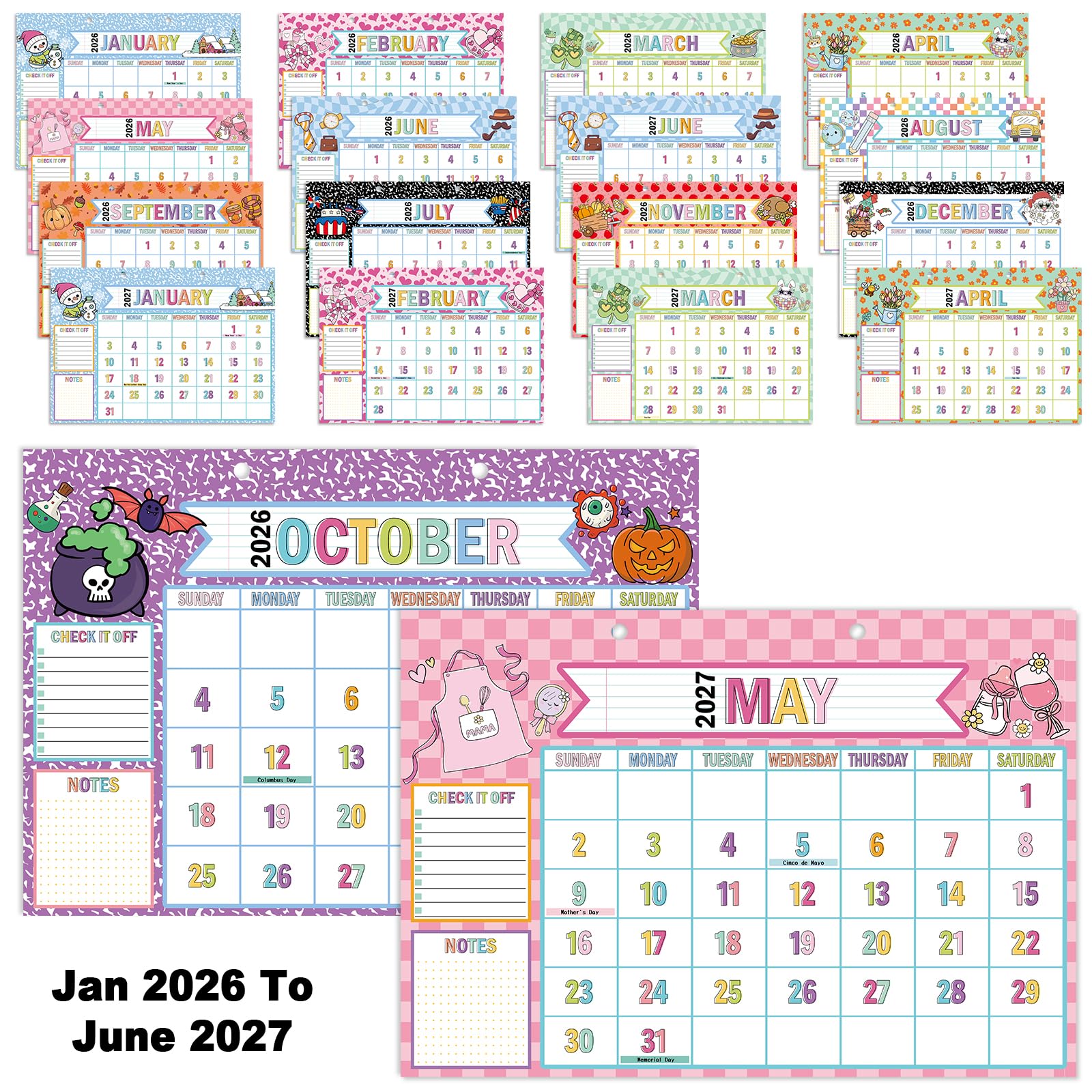 Calendario de escritorio grande 2026-2027, calendario de escritorio de 18 meses, cuaderno de composición a cuadros, decoración de aula, planificador de profesores, calendarios de pared de enero de