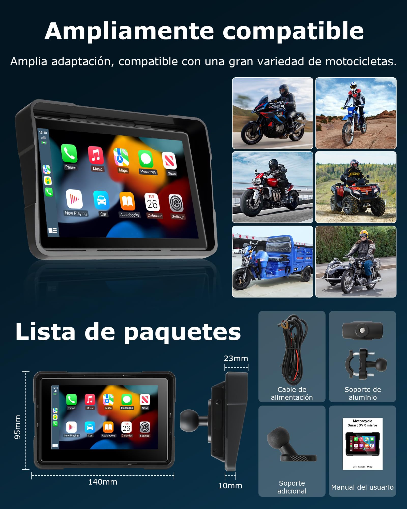 Jansite Carplay Moto Android Auto GPS Navegador Moto con Pantalla Táctil Impermeable de 5 Pulgadas, CarPlay y Android Auto Inalámbricos Navegación GPS Siri