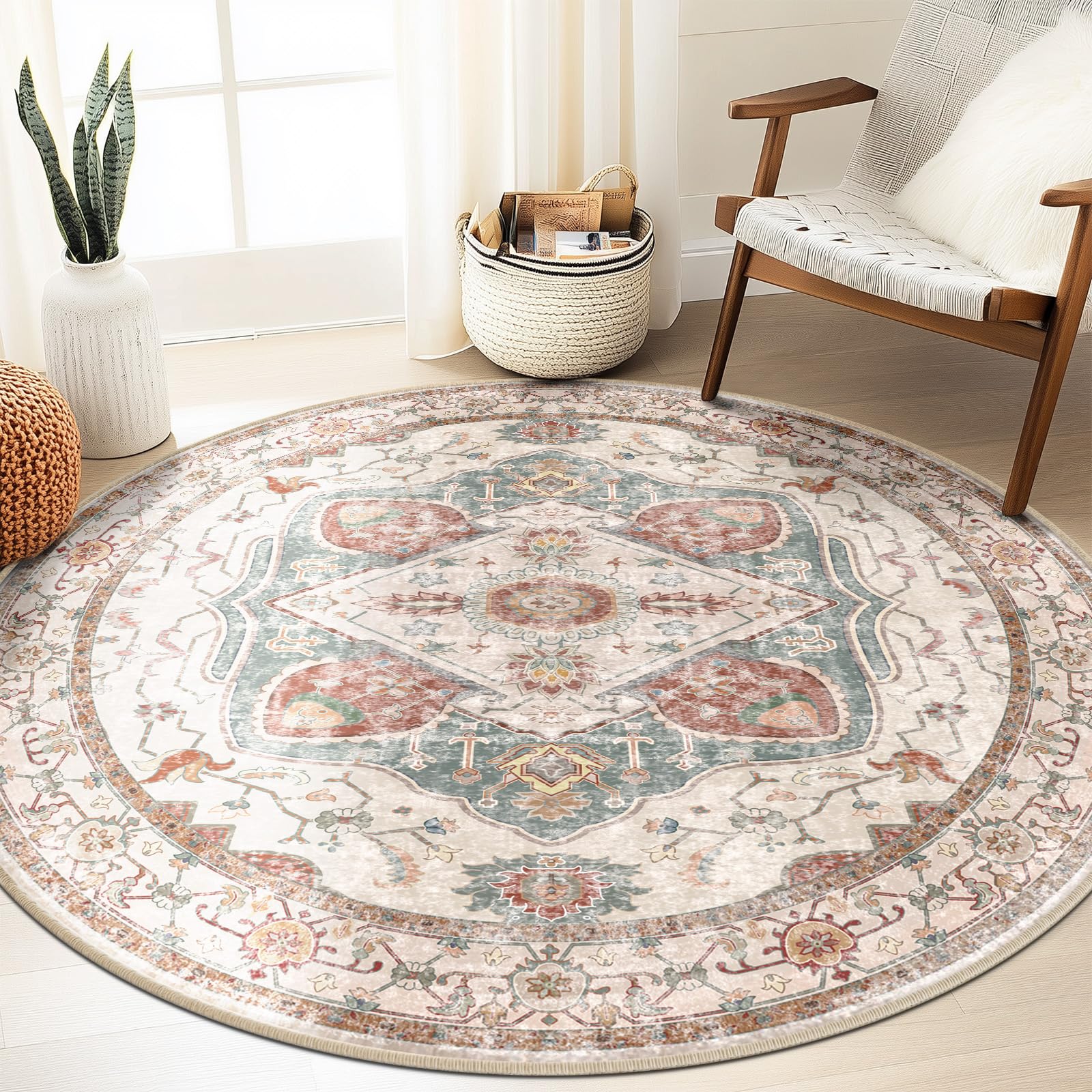 4ft Round Rug 4ft Round Area Rug Machine Washable Rug Low Pile Carpet No Shedding Area Rugs for Living Room Bedroom Dining Room Kitchen Indoor-Brick/Pink