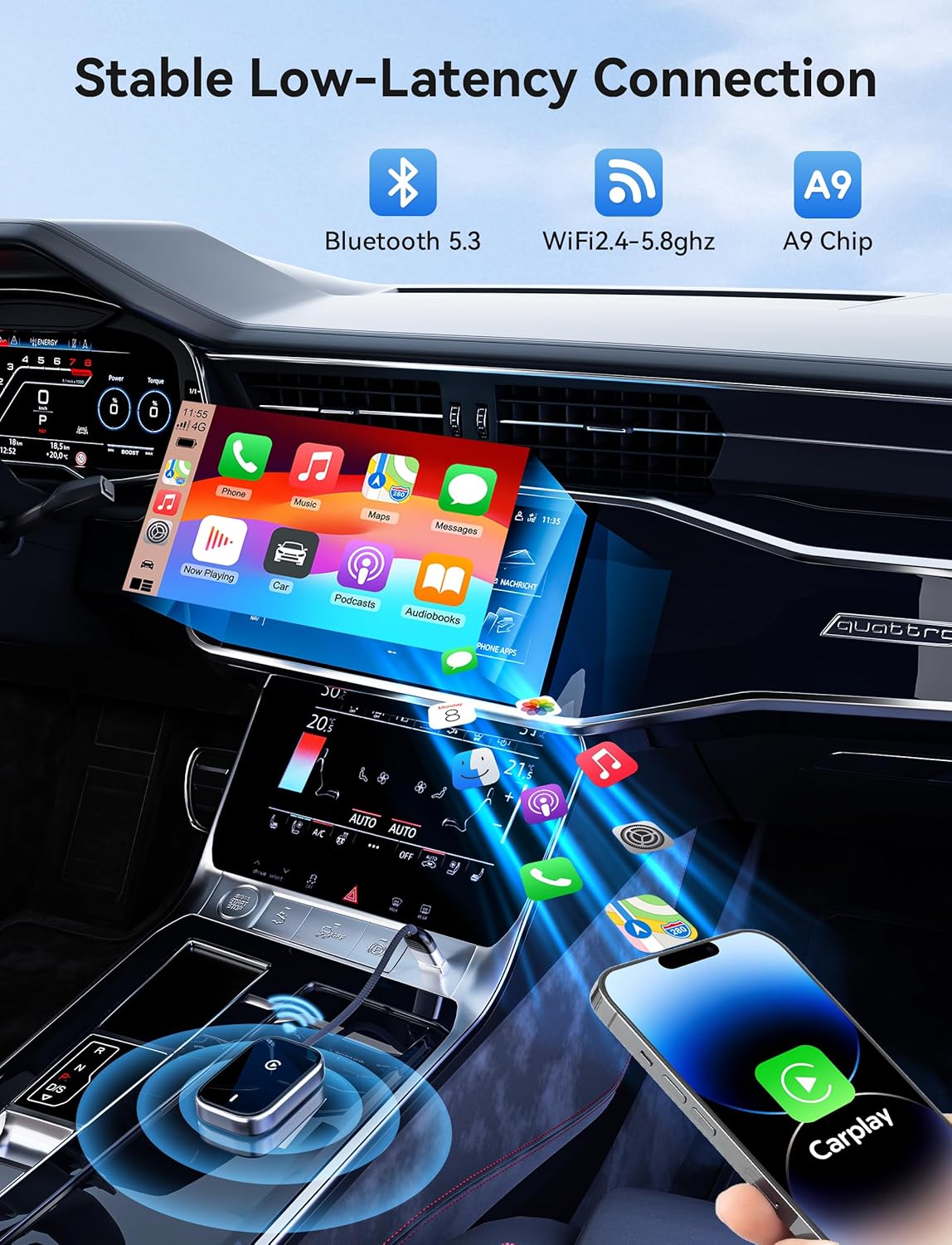 Redlake Wireless CarPlay Adapter for iPhone Mini Size Wireless Apple CarPlay Adapter for USB & USB-C/Type-C Plug and Play (Matte Black with Cable)