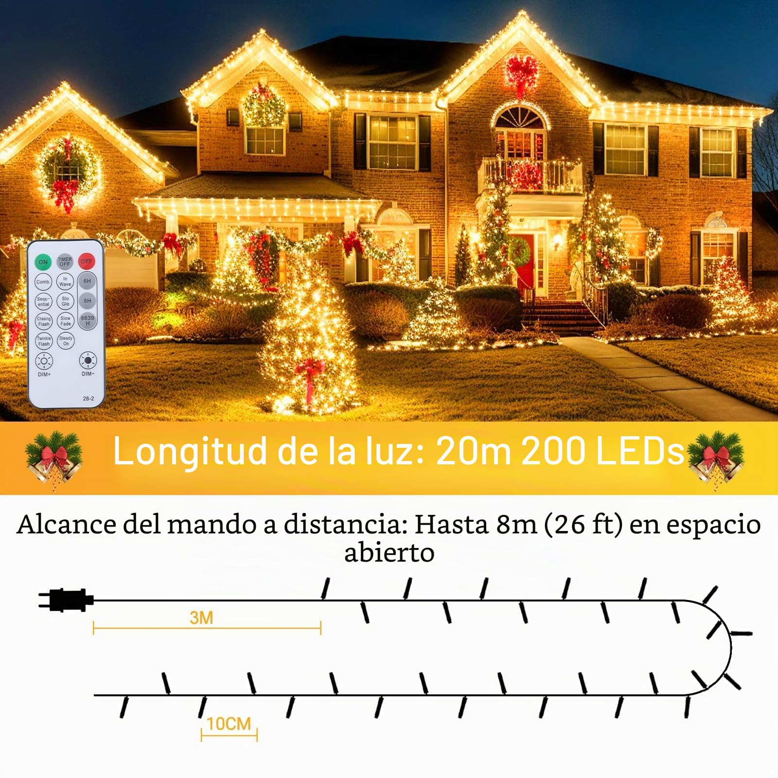 Marchpower Luces Navidad Exterior, Guirnalda Luces Exterior 20M 200LED | Blanco Cálido, Impermeable,Cadena Luces 8 Modos,Función de Memoria Control Remoto para Decoración Fiesta Casa Patio Jardín