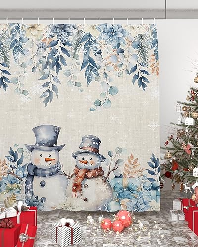 Miniatura 4 de Cortina de ducha de Navidad para baño, 72 x 78 pulgadas, diseño de muñeco de nieve azul de Navidad, diseño de flor de eucalipto con ganchos,