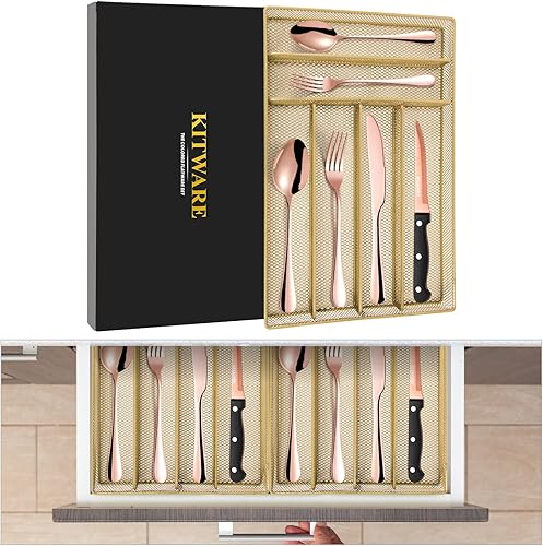 Miniatura 7 de 48 cubiertos de oro rosa con cuchillo para carne, cubiertos pulido espejo para 8, utensilios de cubiertos de acero inoxidable con organizador,