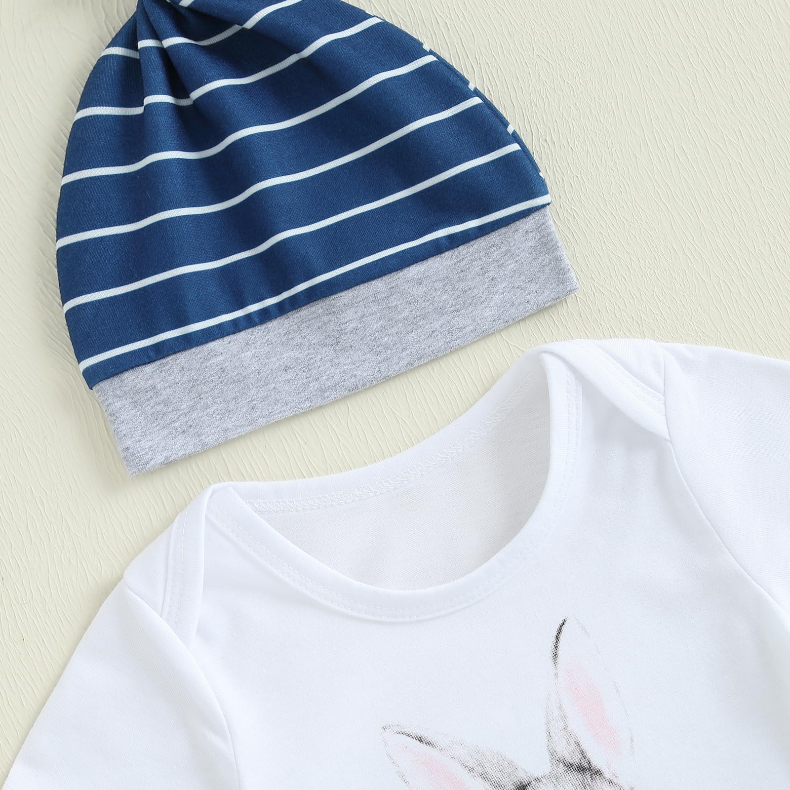 Newborn Baby Boy Easter Outfit First Easter Romper Bodysuit Striped Long Pants Hat Bunny Easter Clothes (White, 0-3 Months)