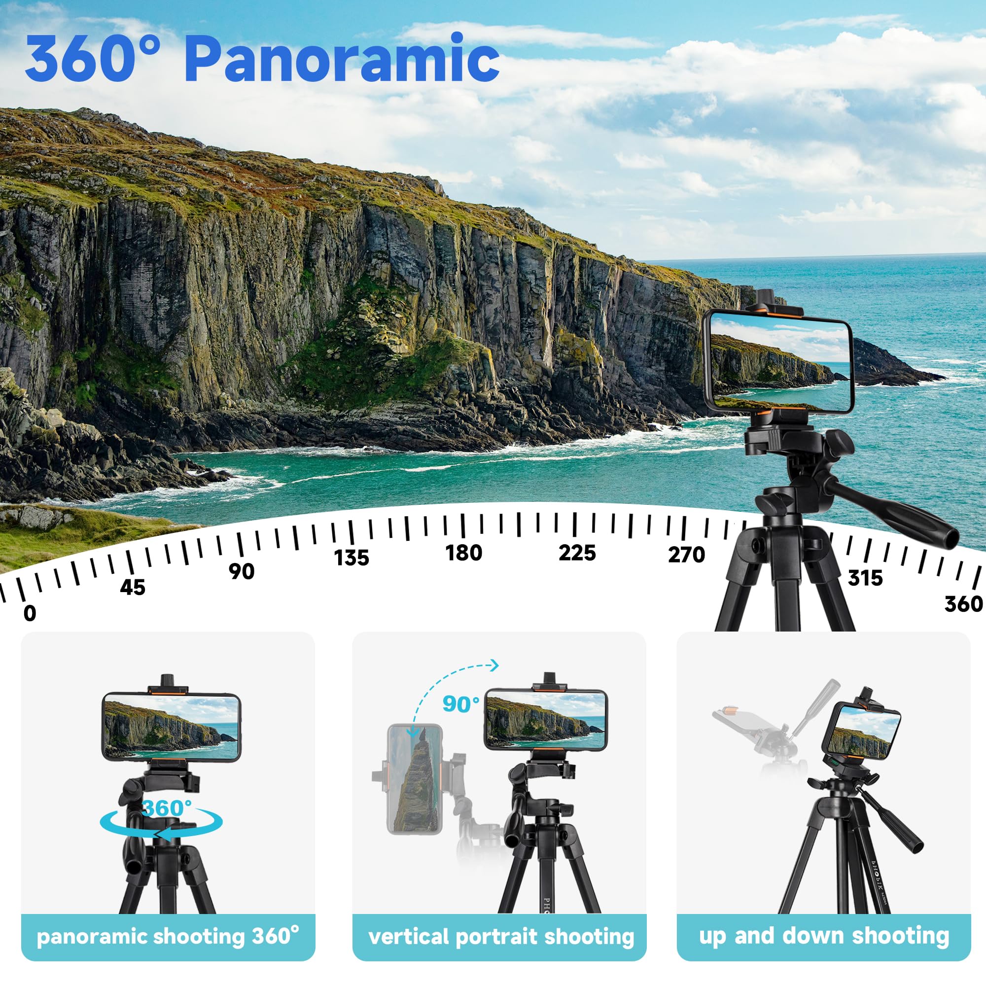 55" Phone Tripod, PHOPIK Aluminum Extendable Tripod Stand with Shutter, Carrying Bag, Compatible with iPhone/Android/Sport Camera&Insta 360 x5 Perfect for Video Recording/Selfies/Live Stream/Vlogging — Amazon image 2