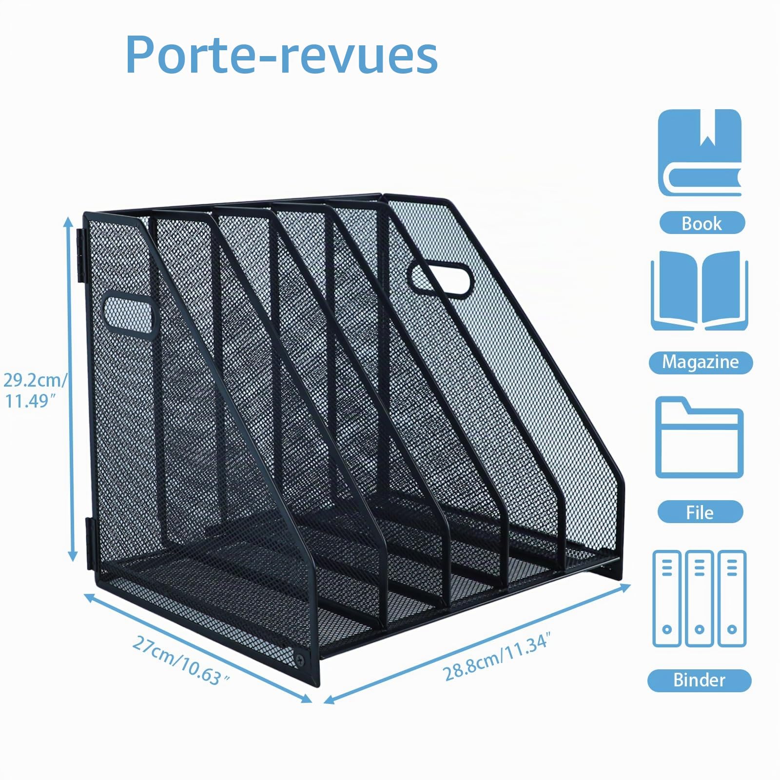 Organiseurs de bureau en métal avec 5 compartiments verticaux pour dossiers, classeurs, organiseurs de documents pour la maison, le bureau et la salle de classe,noir