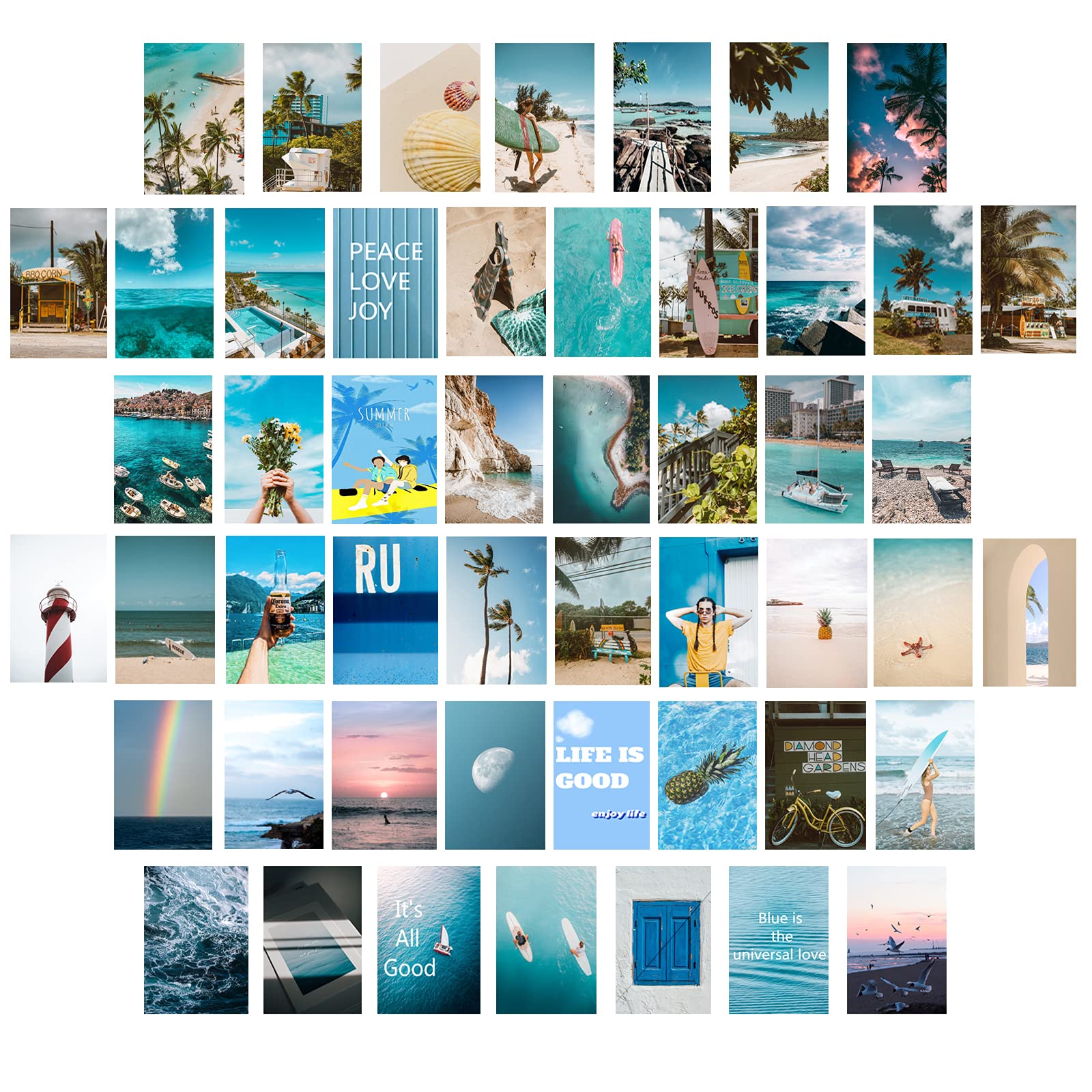 VANGAY Photo Collage Kit for Wall Aesthetic, College Room Print Decor, 50PCS 4x6 Aesthetic Picture for Wall Collage Kit Blue Summer Beach Art Pictures for Teen Girls and Women Bedroom Decor