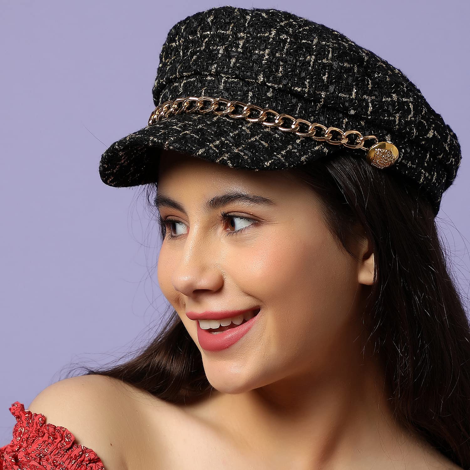 Haute Sauce Women Black Textured Breton Cap with Chain Detail for Outdoor Everyday Wear | UV Protection | Lightweight | Packable | Latest Stylish Casual Headwear for Women & Girls (2143) 1