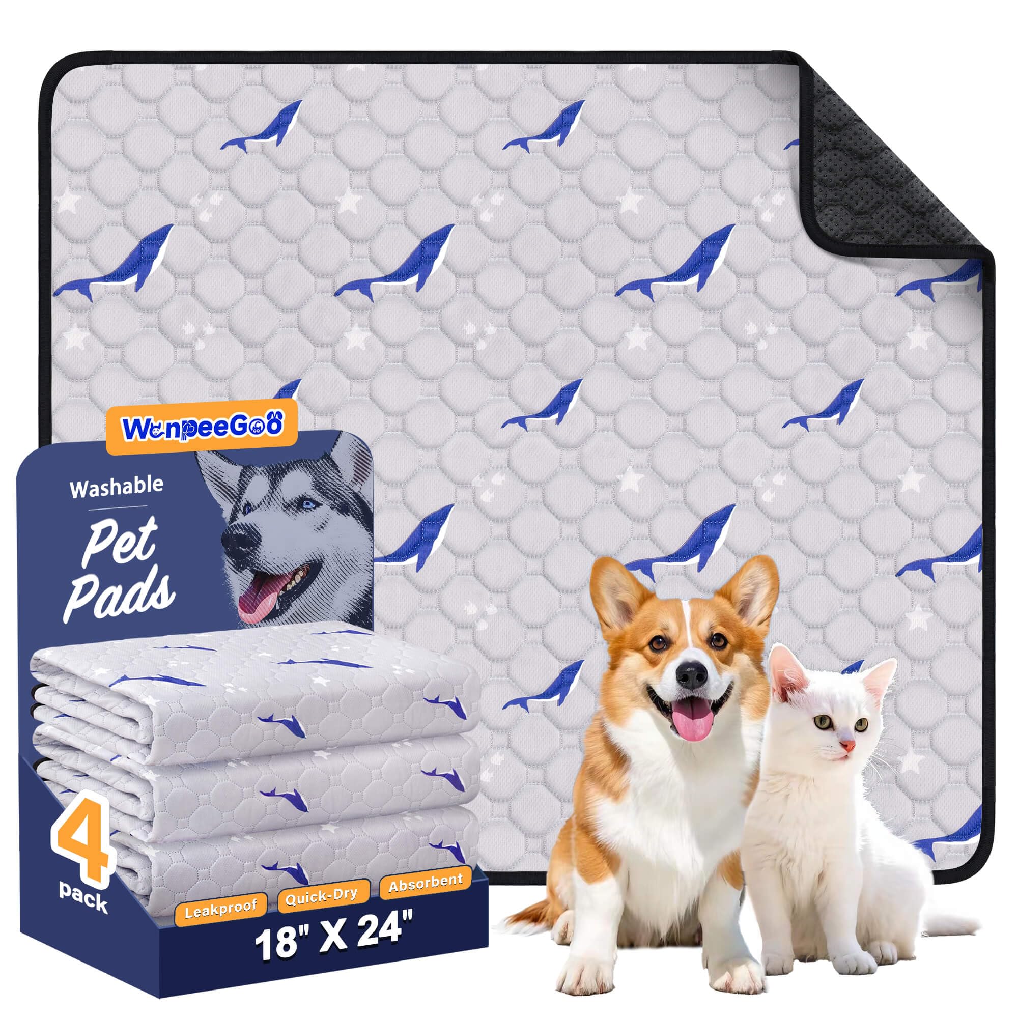 Washable Dog Pee Pads, Non-Slip Waterproof, 46 x 61 cm, 4 Pack, Dolphin