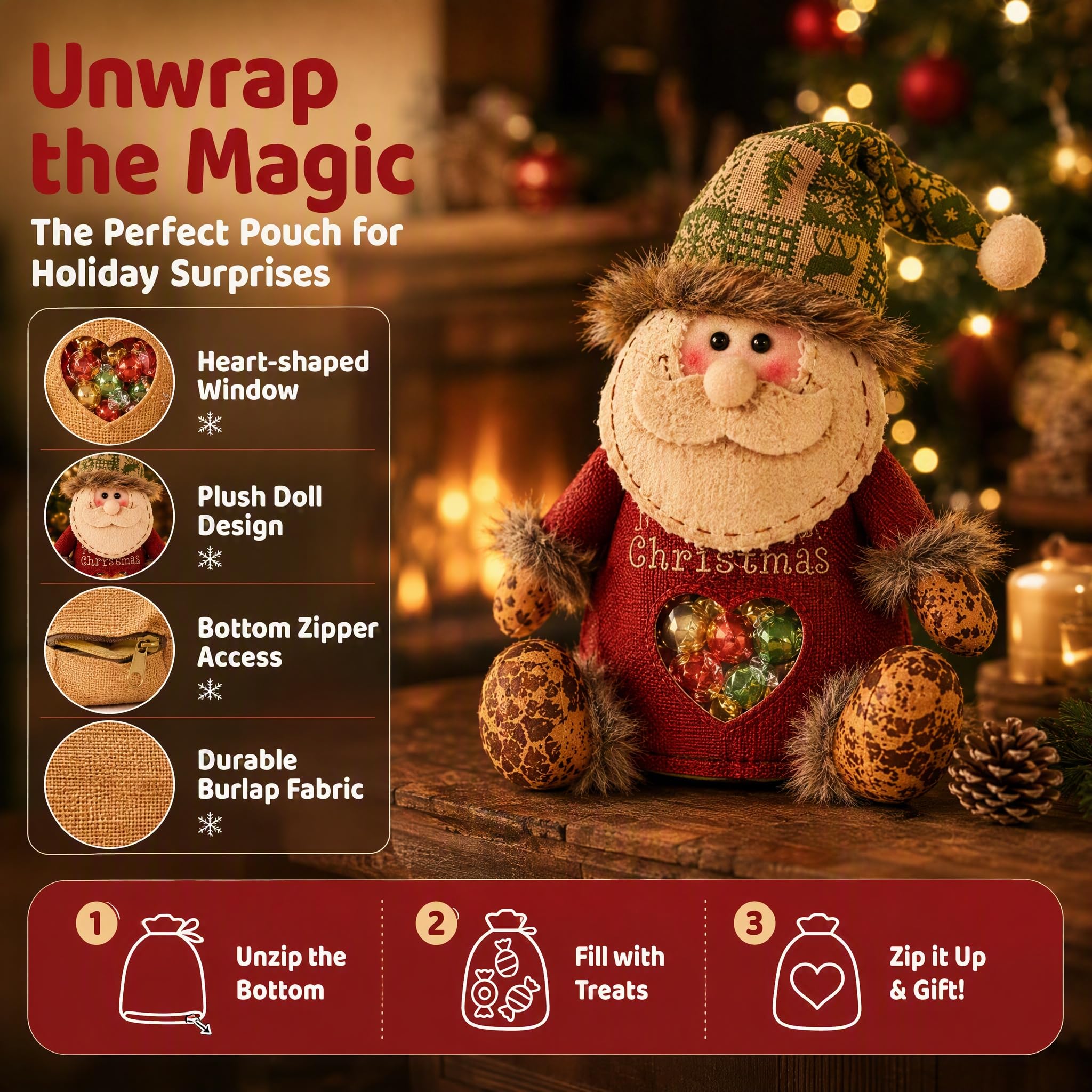 Christmas Gift Bags with Zipper, 3D Santa Snowman for Kids (A,6 PCS)