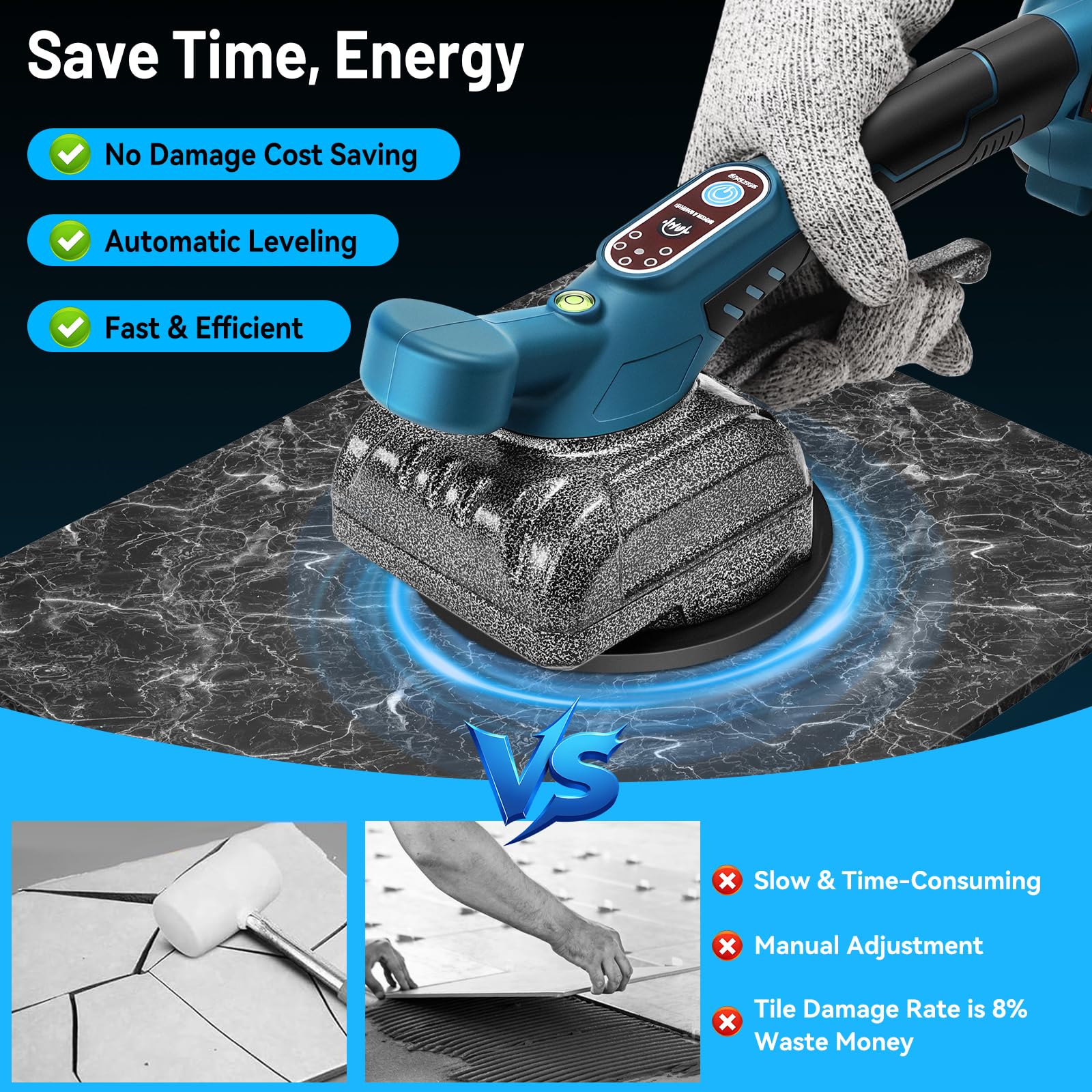Yofuly Piastrellatrice per Piastrelle da 21V, Vibratori per Piastrelle a Batteria Piastrelle per Pavimenti da Parete Posa di Utensili Vibranti con Ventosa (2 × Batterie)