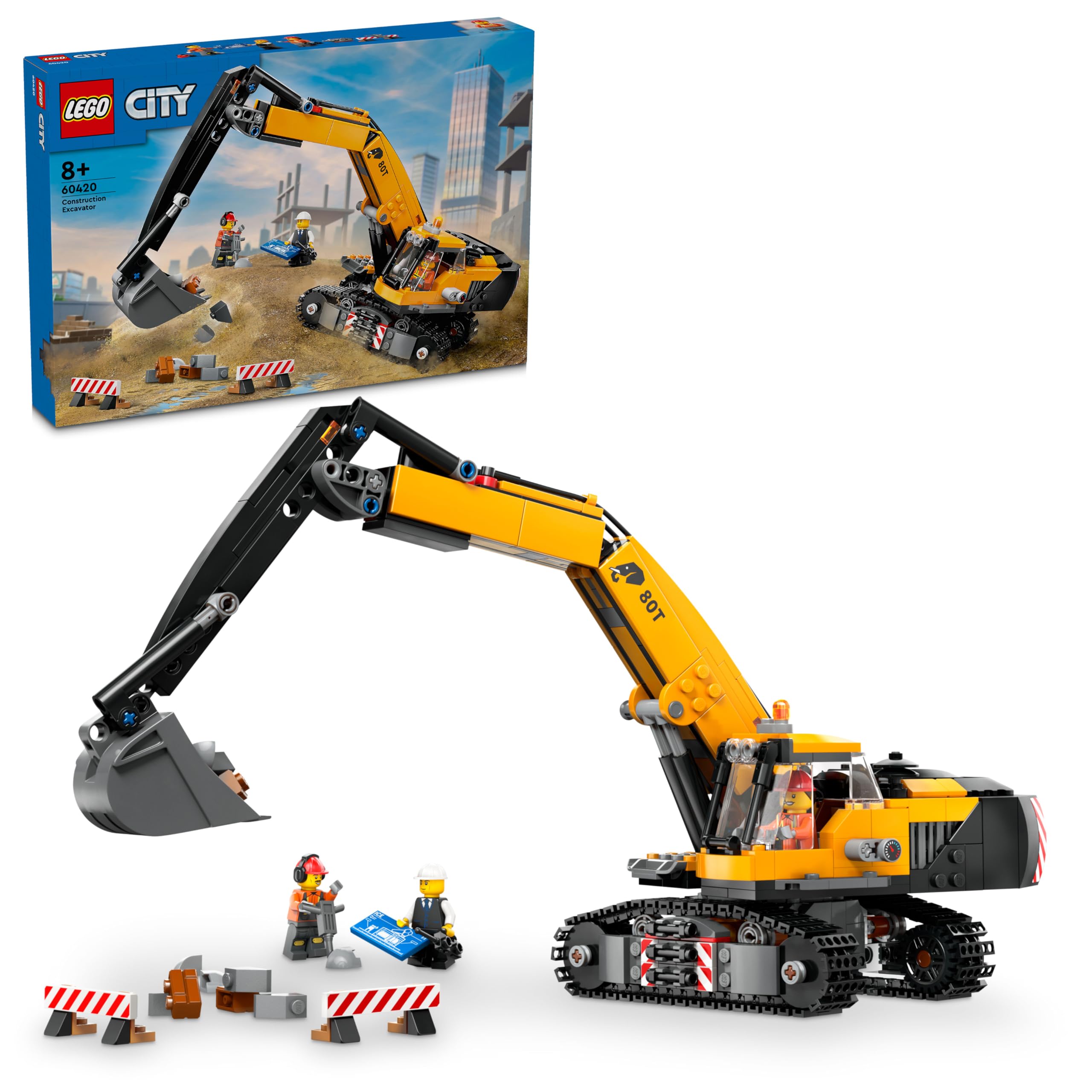 LEGO City Escavatore da Cantiere Giallo, Giochi Creativi per Bambini e Bambine da 8 Anni, Veicolo Giocattolo da Cantiere con Funzioni Reali e 3 Minifigure (Operaio, Operatore e Architetto) 60420
