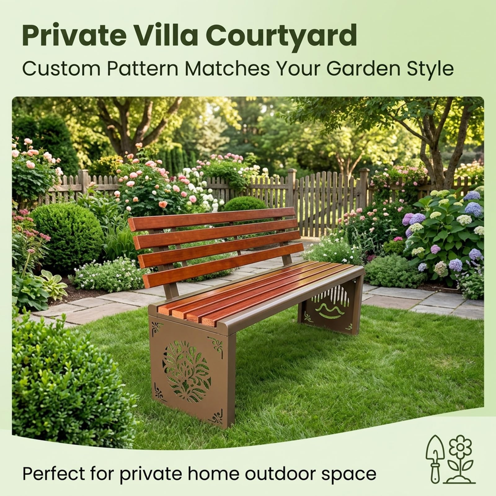Banco Jardin Exterior 2 Plazas de Madera Maciza con Borde Curvo | Banco de Jardin con Estructura Galvanizada en Caliente, Respaldo Reforzado, Porche(120x40x85cm)