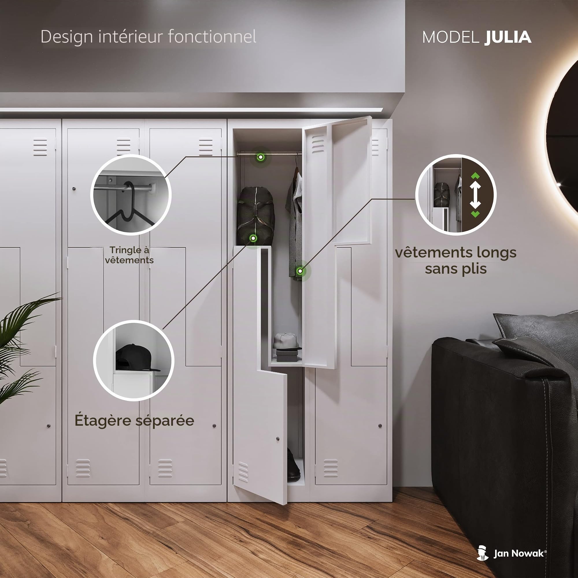Domator Armoire vestiaire Z02 Casier Metallique avec 4 Compartiments Fentes d'aération Revêtement par Poudre 185 cm x 80 cm x 45 cm (Gris)