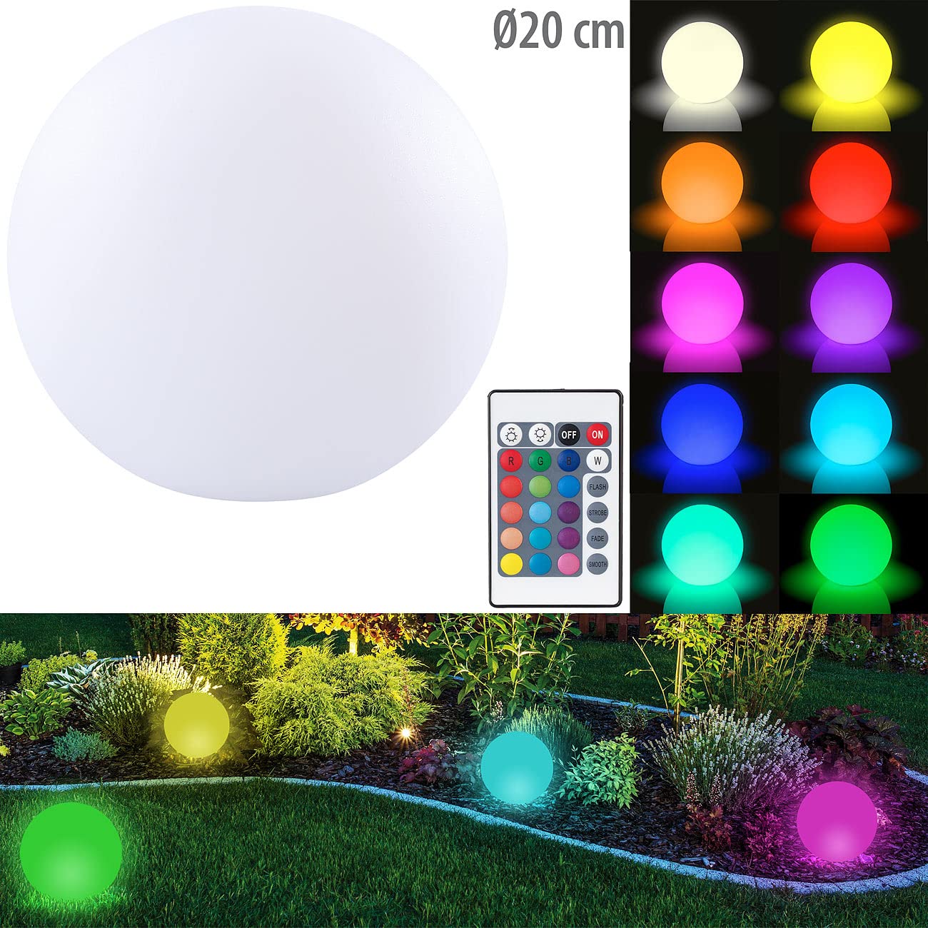 Lunartec Kugelleuchte: Kabellose Akku-Leuchtkugel für innen und außen, Ø20 cm, IP54, RGBW-LED (Stimmungslichter LED, Stimmungslampe, Akkus)