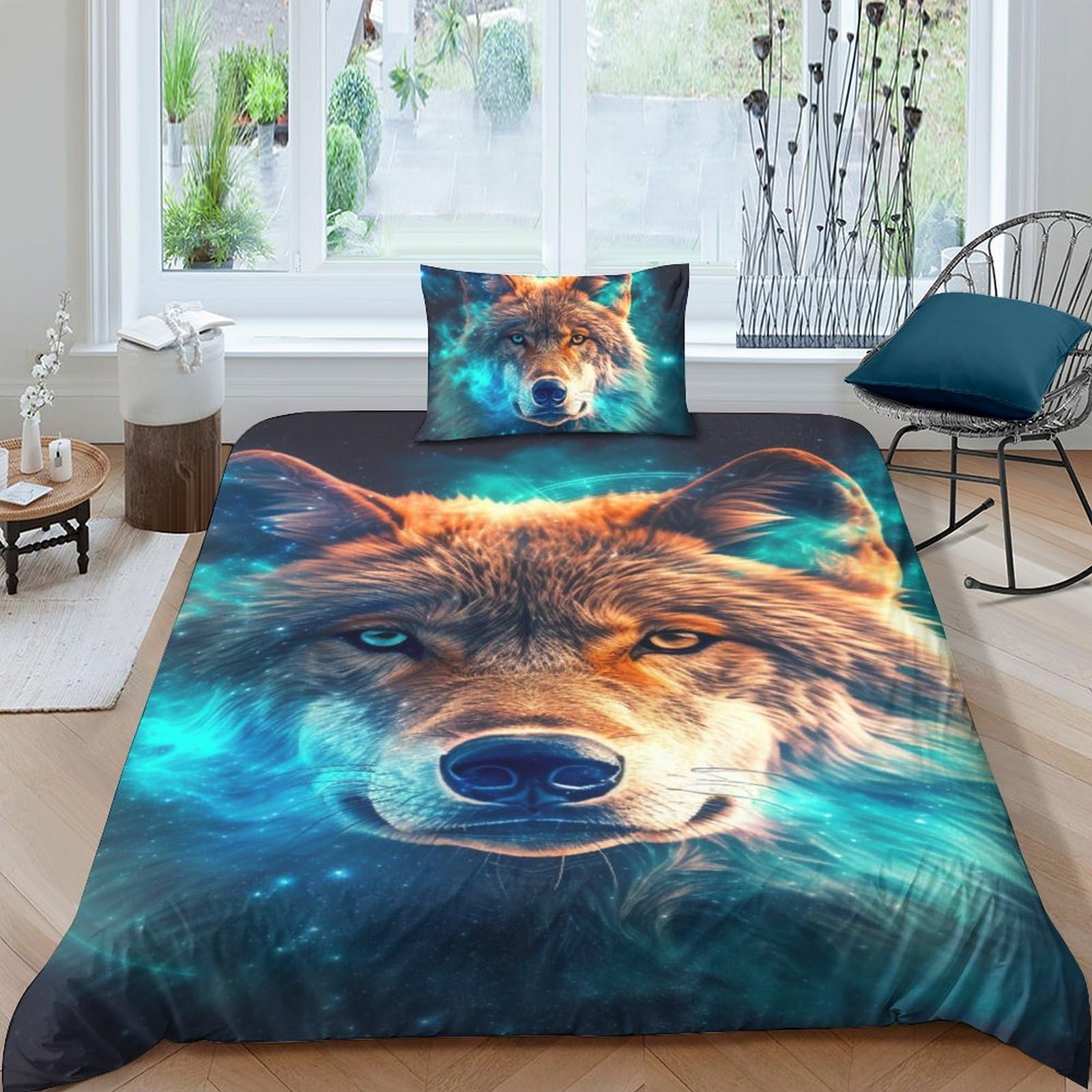 Housse de couette loup 3D 135x200 cm avec taies pour lit simple ado