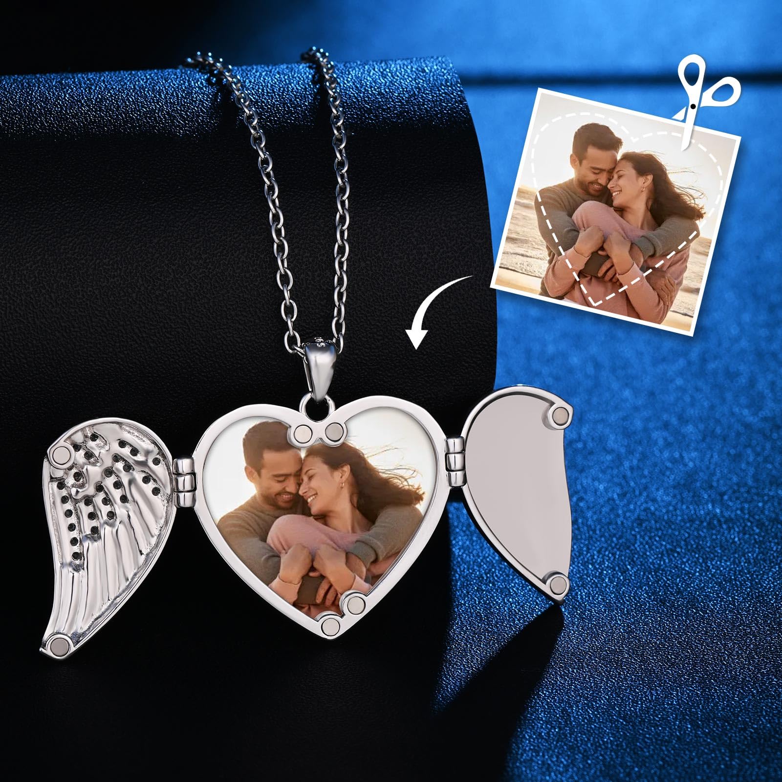 Collana Personalizzata Foto Ciondolo a Cuore con Ali in Argento 925, Medaglione Portafoto con incisione Gioielli di Memoria per Donna