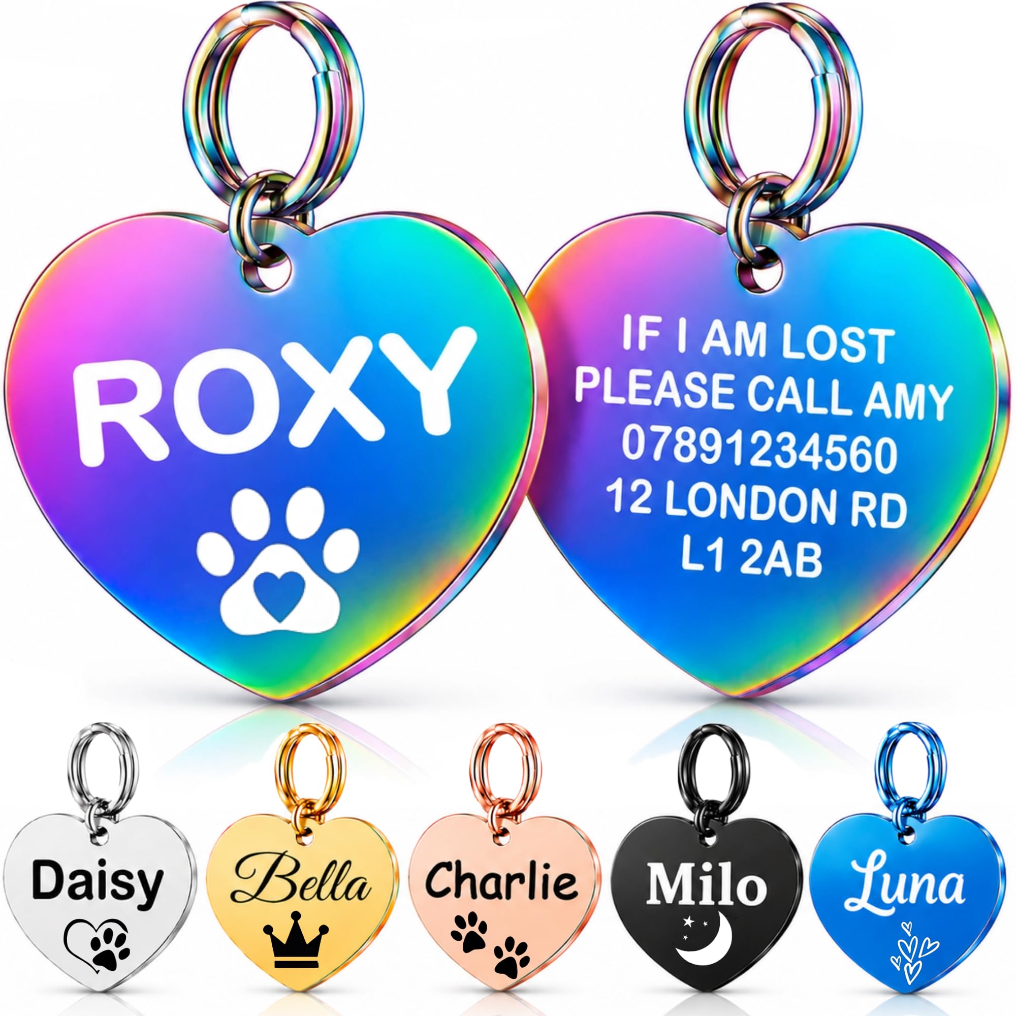 Personalised Dog Tags for Pets UK Prime, Deep Engraved Stainless Steel Cat & Dog Name ID Tags, Custom Anti-Lost Pet Tag, Scratch Rust & Fade Resistant for Puppy Kitten (Multicolour Heart, L)
