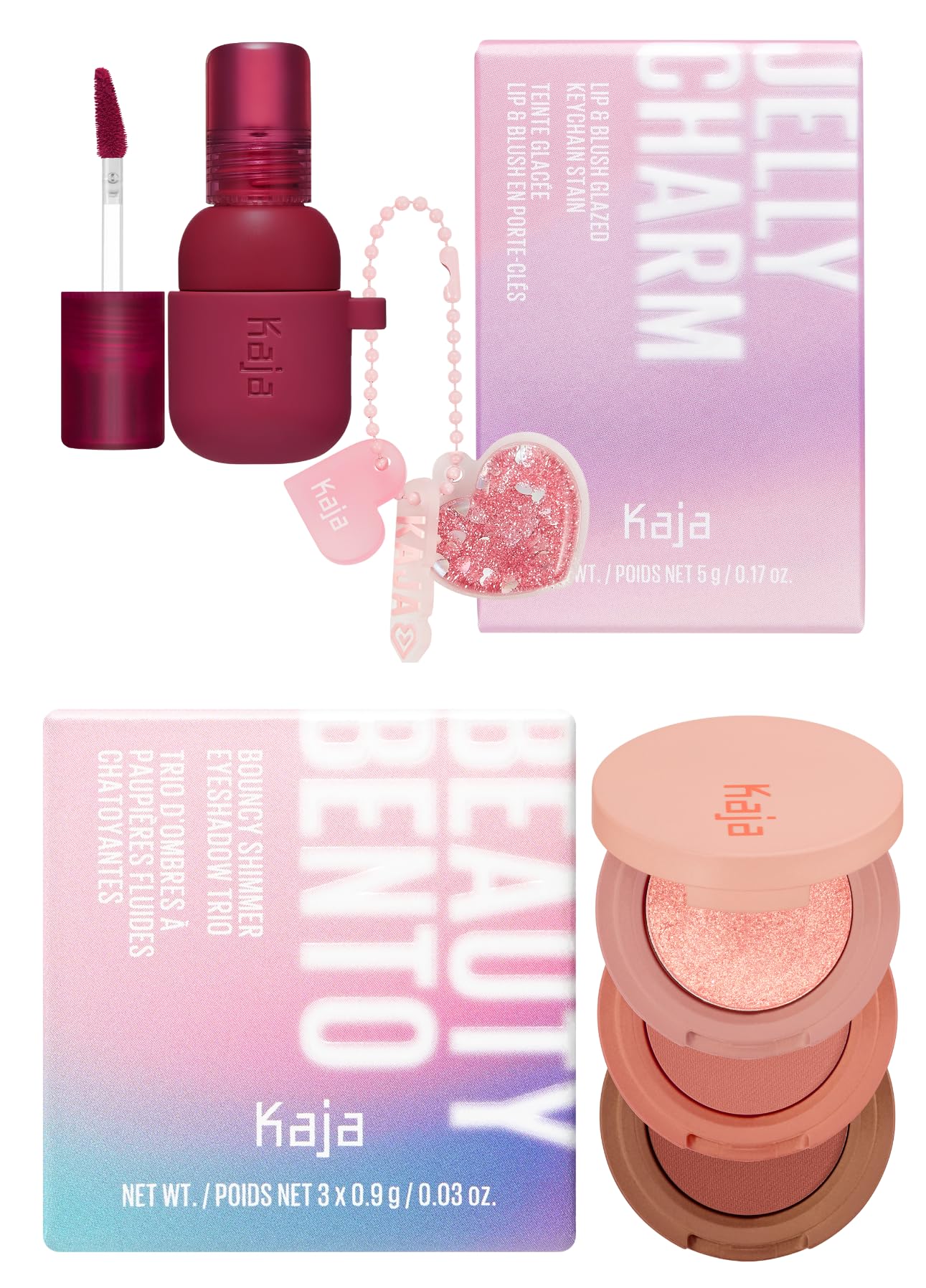 Kaja Lip & Blush Glazed Keychain Stain - Jelly Charm 01 Cherry Spritz + Beauty Bento Collection - Bouncy Eyeshadow Trio 08 Chocolate Dahlia Bundle