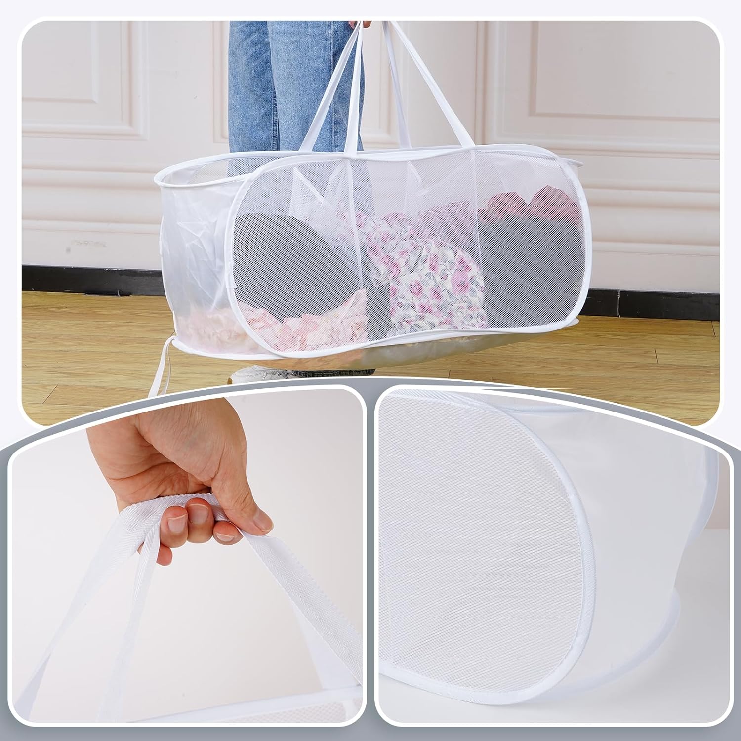 FACULX 2 Pack Collapsible Mesh Laundry Basket, 3 Compartments up Mesh Hamper with Handles, up Hamper for Laundry Room, Bathroom, Room, College Dorm or Travel (White)