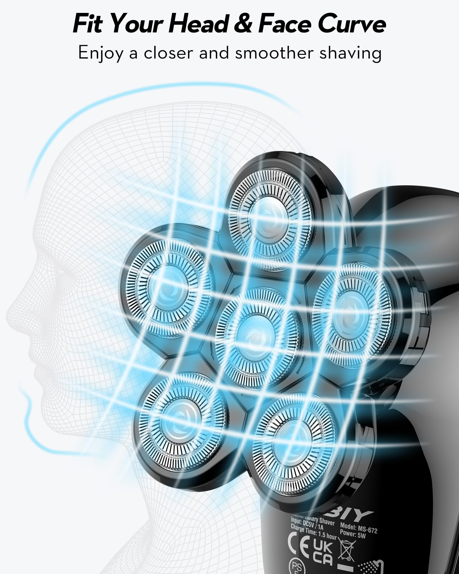 Rasoio testa calva, Kibiy 5 in 1 LED rasoio testa con 6 testine di rasatura rotanti, 100% impermeabile rasoio capelli uomo testa calva, ricaricabile di tipo C, kit per la cura dei peli di barba e naso