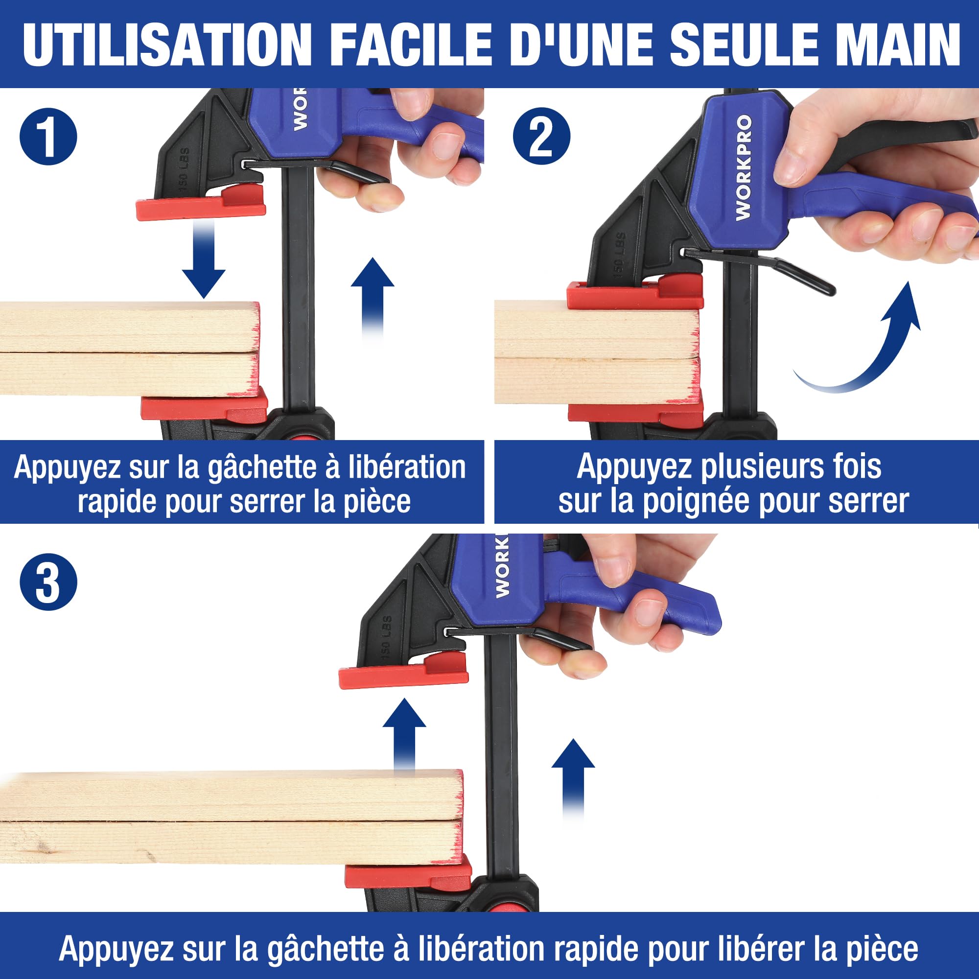 WORKPRO Lot de 6 serre-joints à une main 150 mm Force de serrage 22,5 kg/68 kg Envergure 150 mm 4 classiques et 2 mini serre-joints pour une fixation précise et le travail du bois