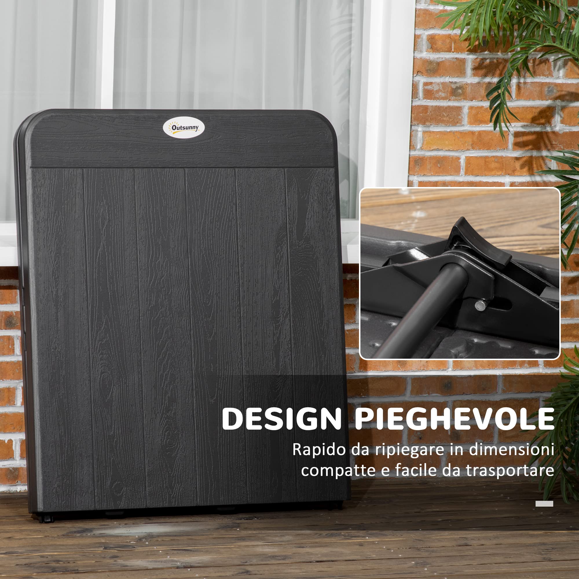 Outsunny Tavolo da Giardino Pieghevole Rettangolare per 6 Persone in Acciaio e HDPE, 180x75.5x73cm, Grigio Scuro