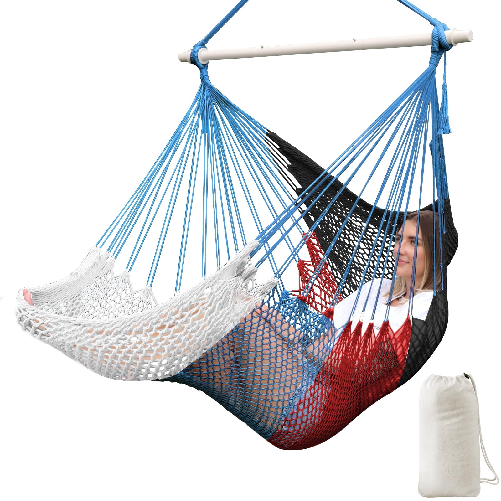 Chihee Handwoven Cotton Hammock Chair Large Hanging Rope Chair 7.9ft with Detachable Strong Metal Spreader Bar, Breathable Net Swing Seat Color Blocking, Portable with Carry Bag, Indoor Outdoor Use — image 1