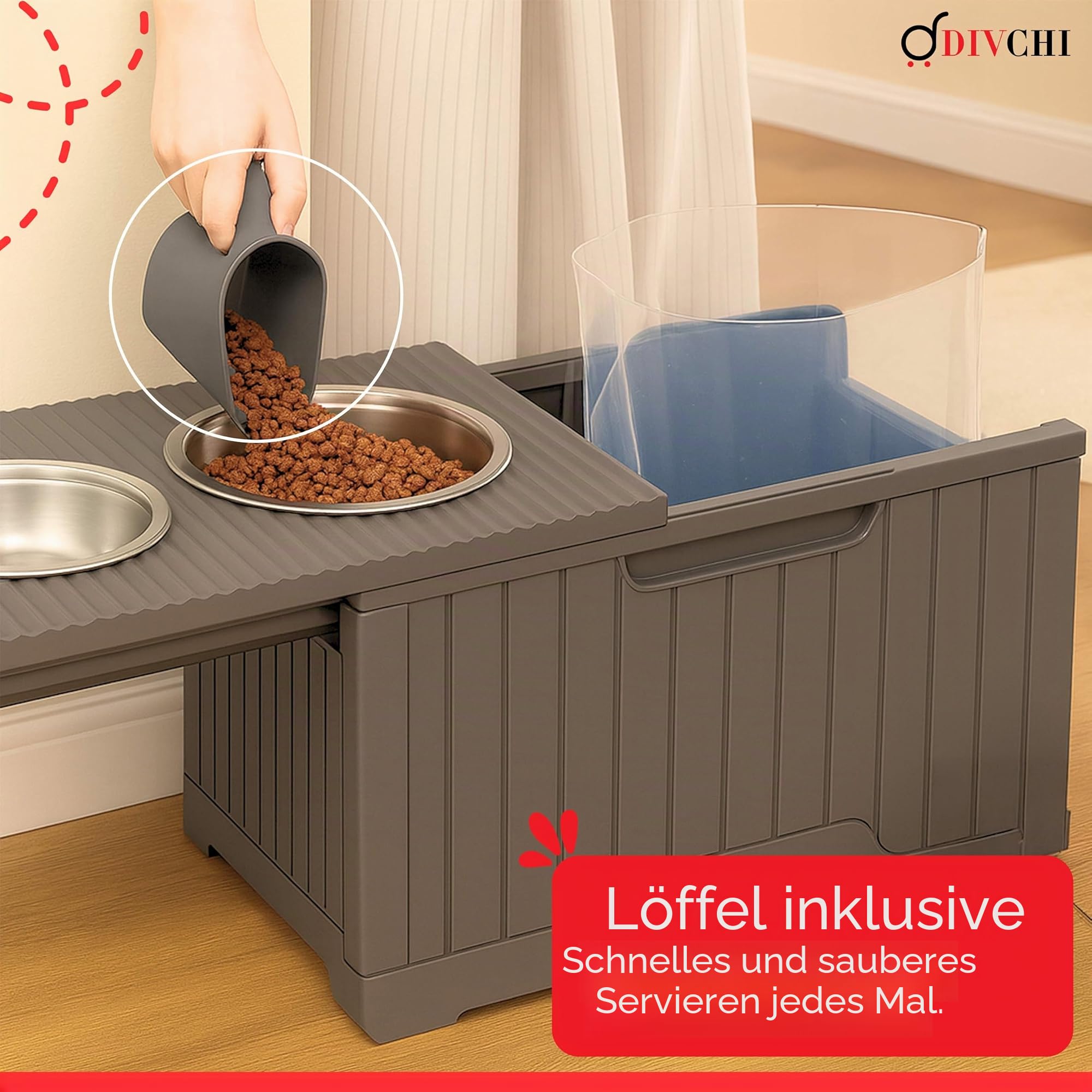 DIVCHI 2-in-1-Futterstation mit erhöhten Hundenäpfen, Doppel-Edelstahlnäpfen und Schaufel für Hunde und Katzen