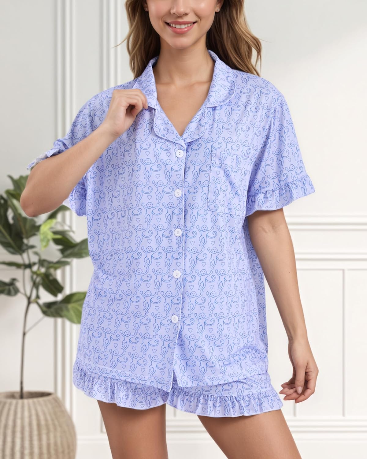 Women Y2k Pajamas Set Cute Preppy 2PCS Button Down Holiday Monkey Shorts Summer Outfit Beach Vacation Loungewear Pjs - Image 2
