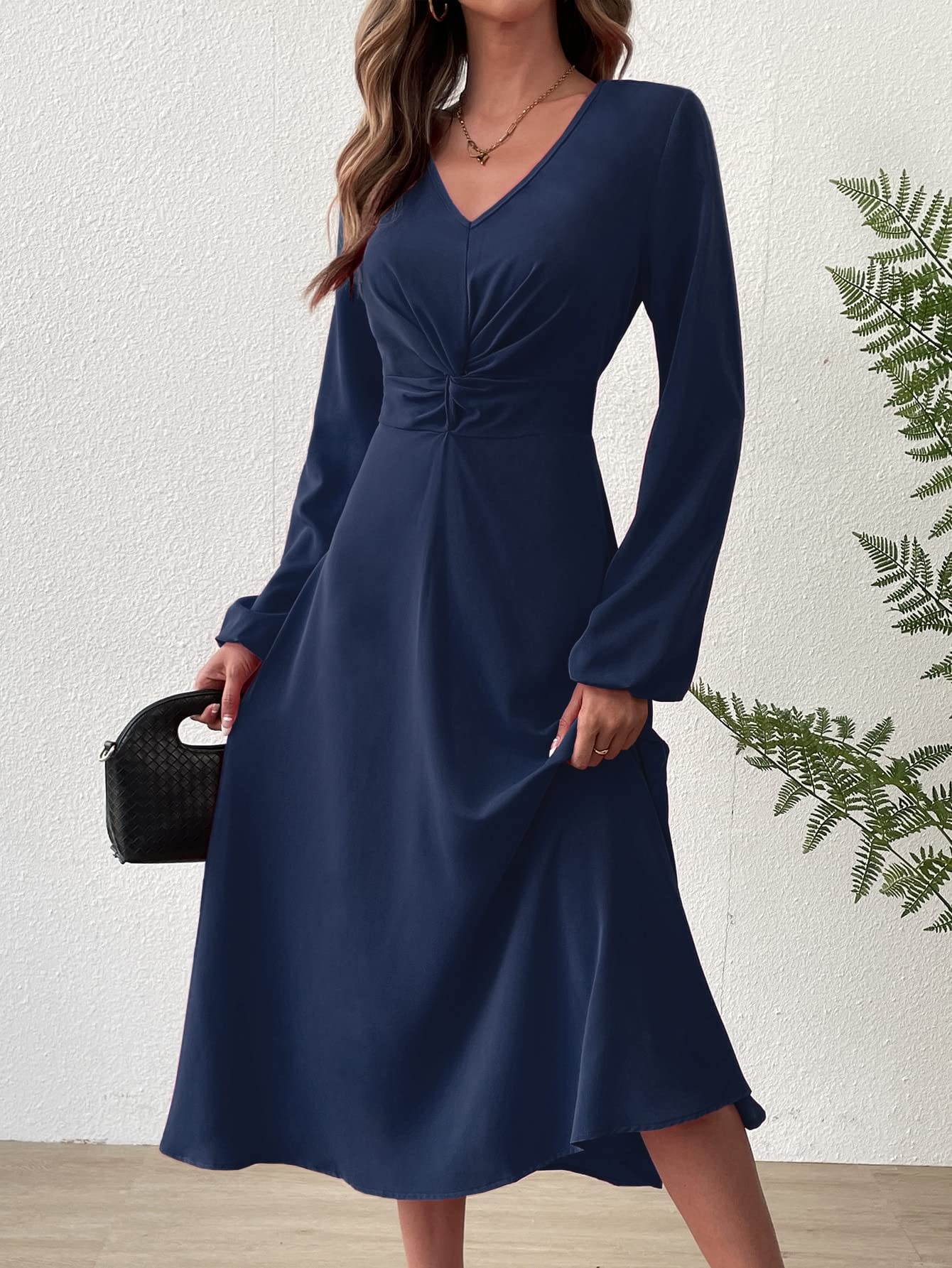 RASNEY Women's Navy Blue Large Casual Dress, V-Neck, Long Sleeve, A-Line,  High Waist, Midi Length, Polyester, Machine Wash, 38.6 Bust, 32.3 Waist,  46.5 Length at Amazon Women's Clothing store