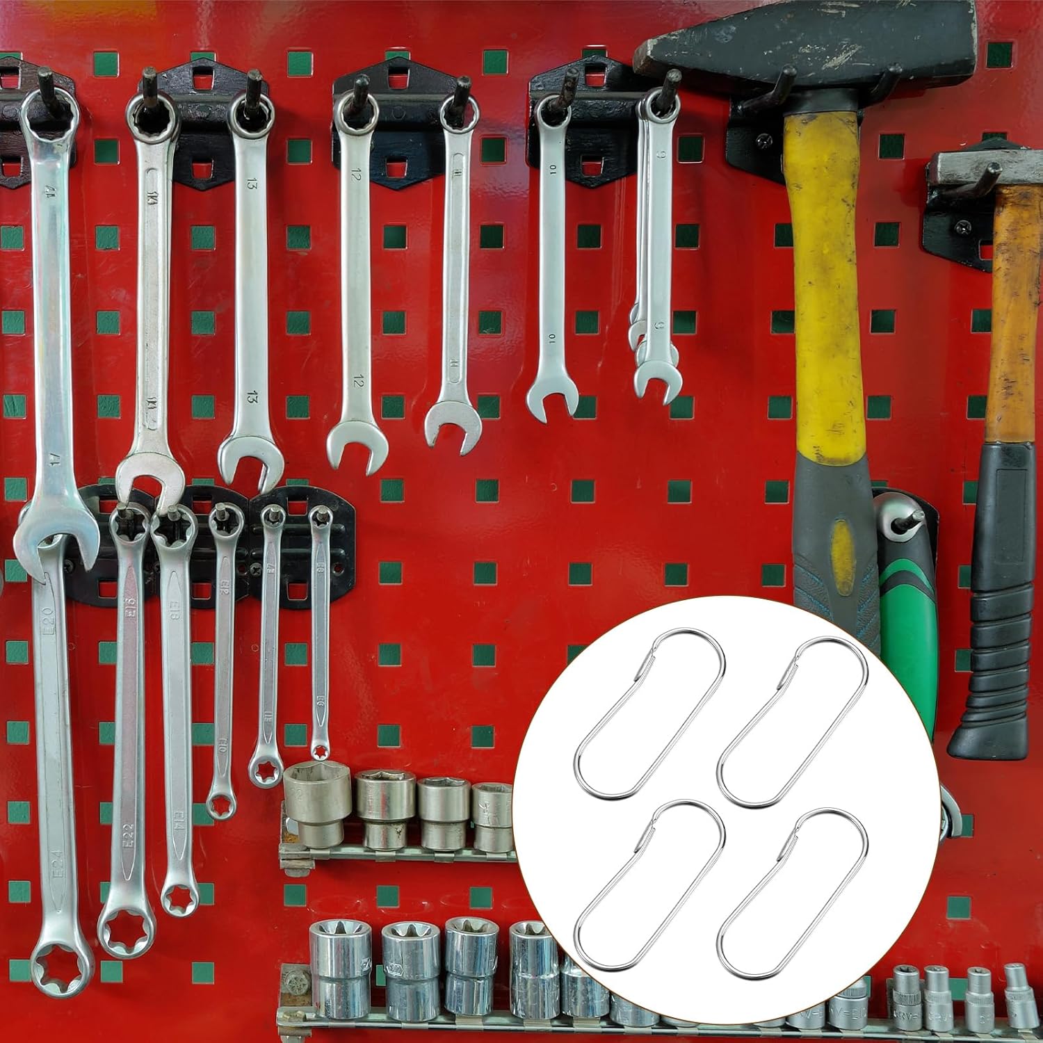 4 Wrench Rings, Key Wrench Organizer, Stainless Steel Keychain Clip, Keyring Clip with Key Shackle 6-3/16" x 2-5/8" (Silver)