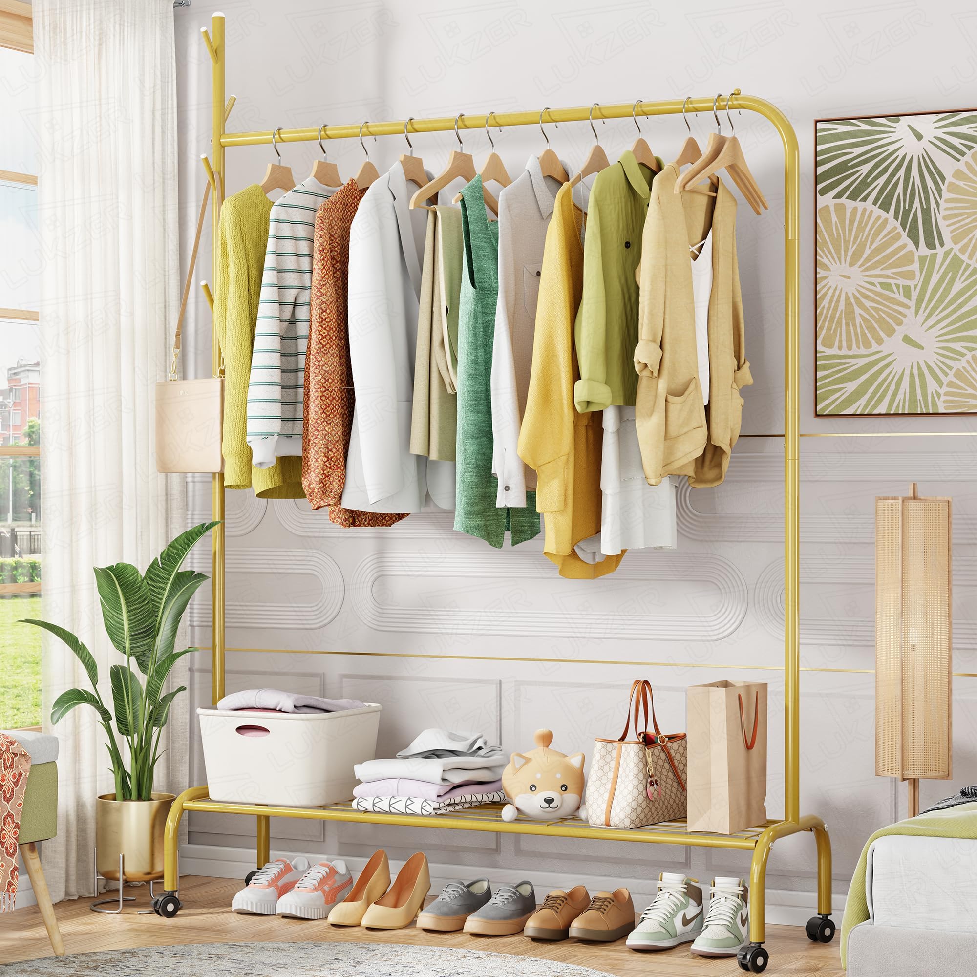 Lukzer Metal Garment Rack with Bottom Shelf & Wheels (MGR-007-Gold) Versatile Multipurpose Single Rod Coat Hanger for Bedroom & Balcony, Cloth Drying Stand & Storage Organizer (173 x 110 x 34 cm)
