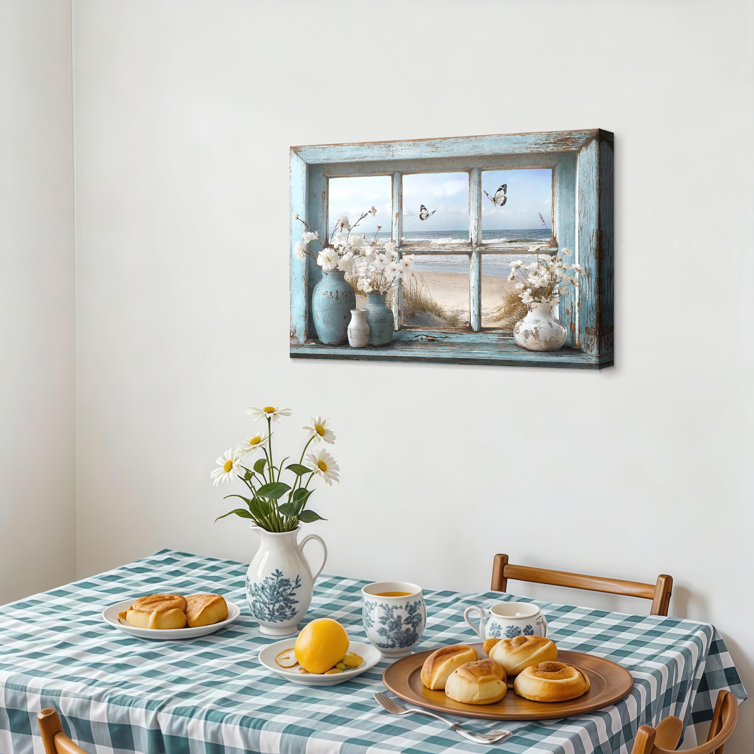 Wooden Framed Canvas Wall Art Window View Coastal Beach Painting on Canvas Prints Jasmine Flower in Vase Butterfly Poster Rustic Floral Pictures for Living Room Bedroom Hallway Wall Decor 40x60cm - Image 3