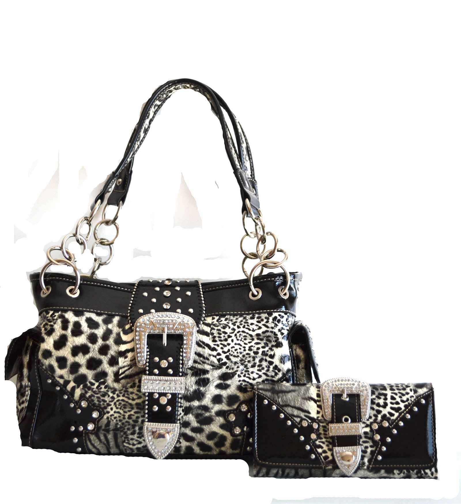 Western Leopard Cheetah Animal Rhinestone Bel Buckle Stud Purse Set (Black)