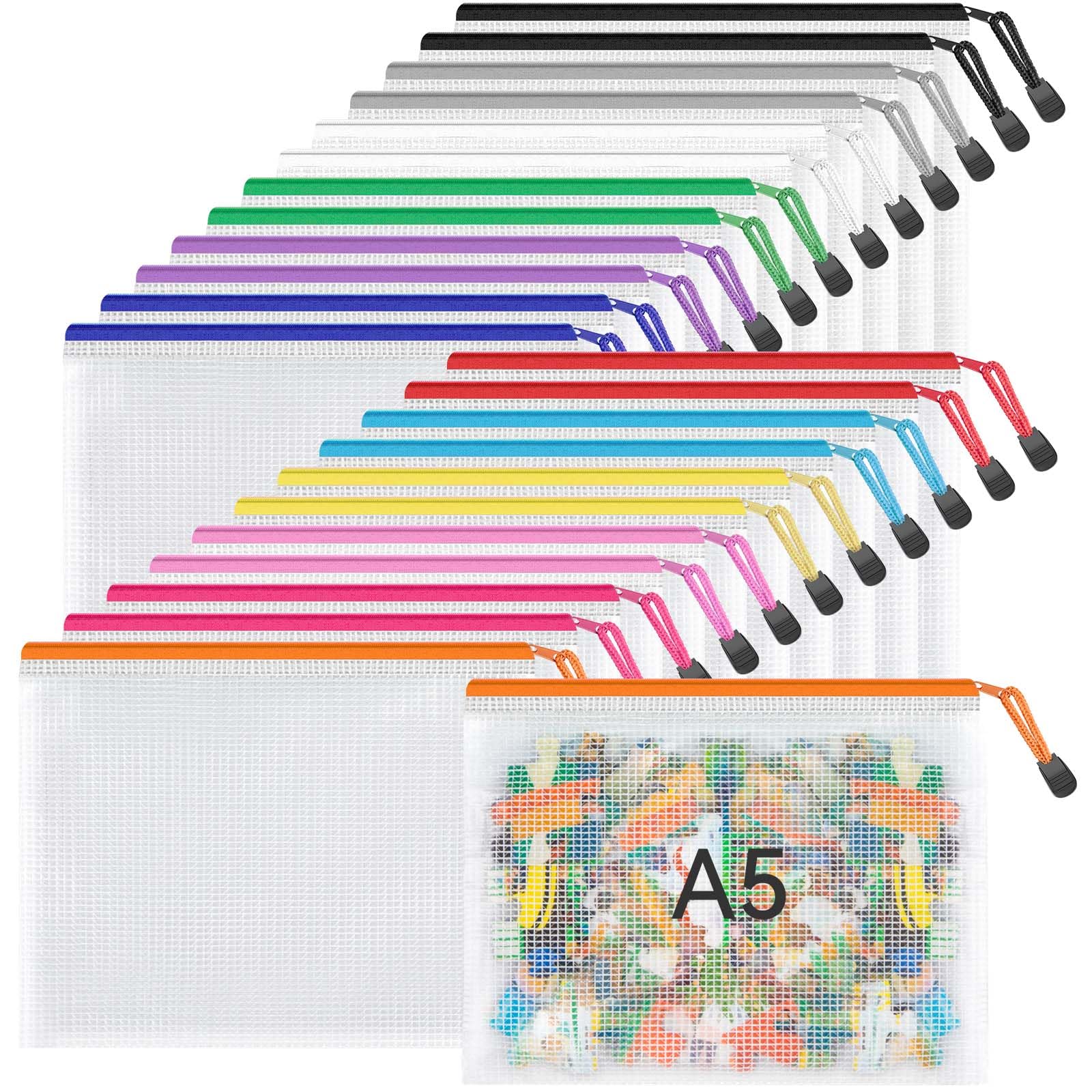 Umriox 24 Pack 12 Colors Small Zipper Pouch, 9.5" x 7.1"/A5 Size Mesh Bags with Zipper, mesh Bags for Puzzles Board Games and Office Supplies Travel