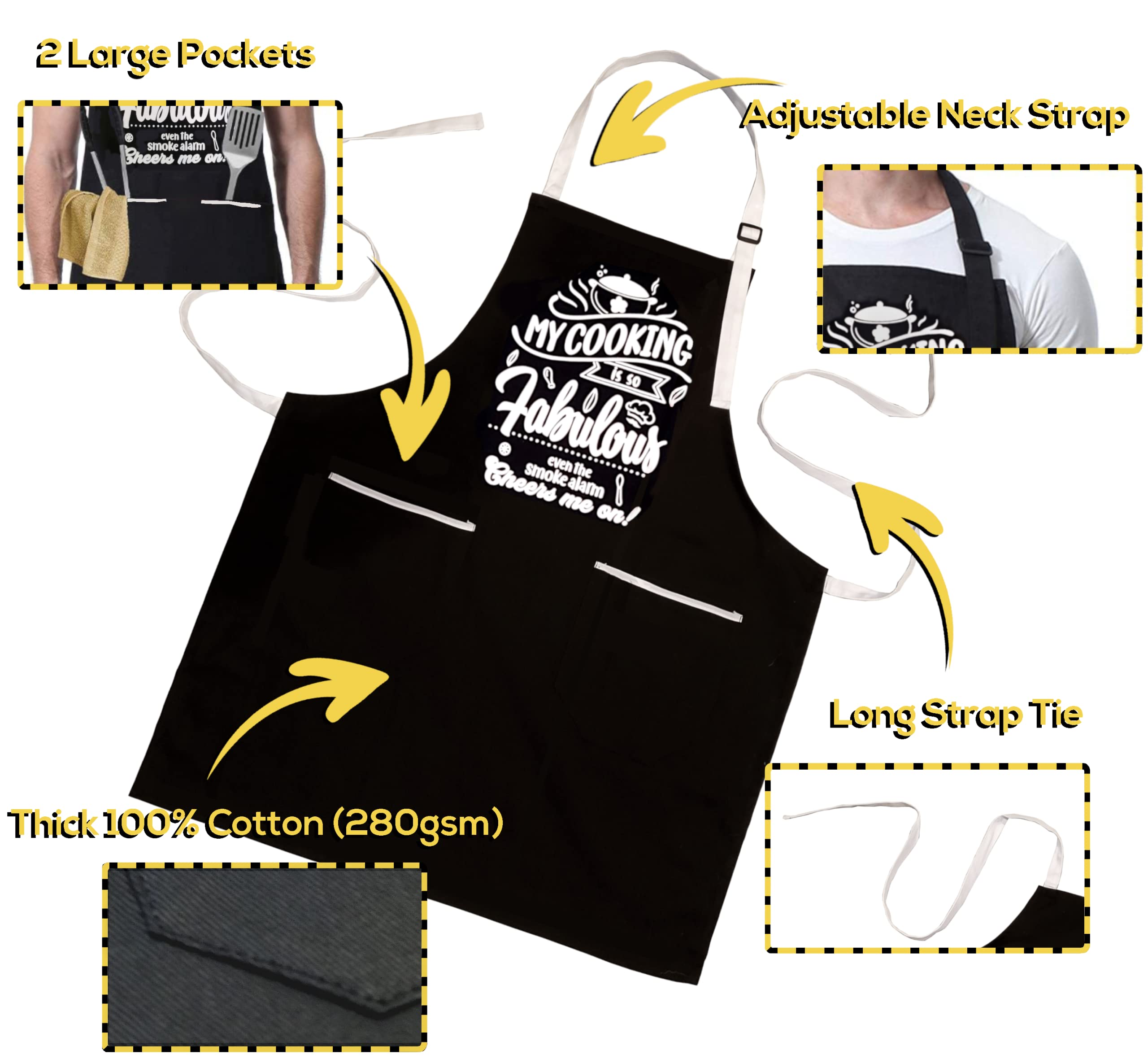 MY COOKING IS SO FABULOUS EVEN THE SMOKE ALARM CHEERS ME ON -100% Cotton Thick Black Apron with 2 Tone White Pockets - Adjustable Strap - Unisex - Great for Outdoor/Indoor Cooking - Funny Gift