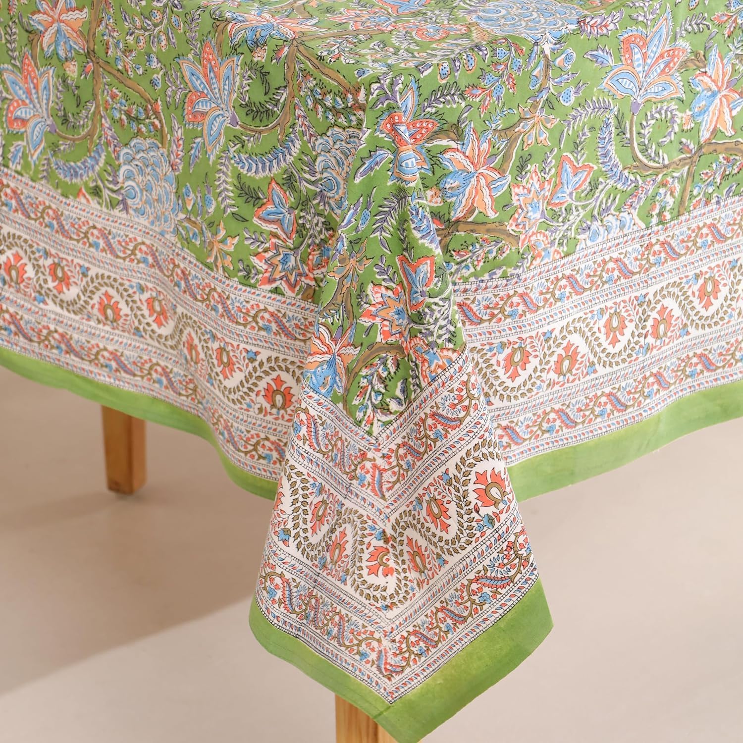 UrbanWeavers Hand Block Printed Tablecloth, Colorful Floral Print, Indian Artisan Handmade Art, Dining Room, Kitchen, Outdoor Décor, (Forest Ash Elegance, 12 Seater 72 x 135 Inches Rectangle) — image 1