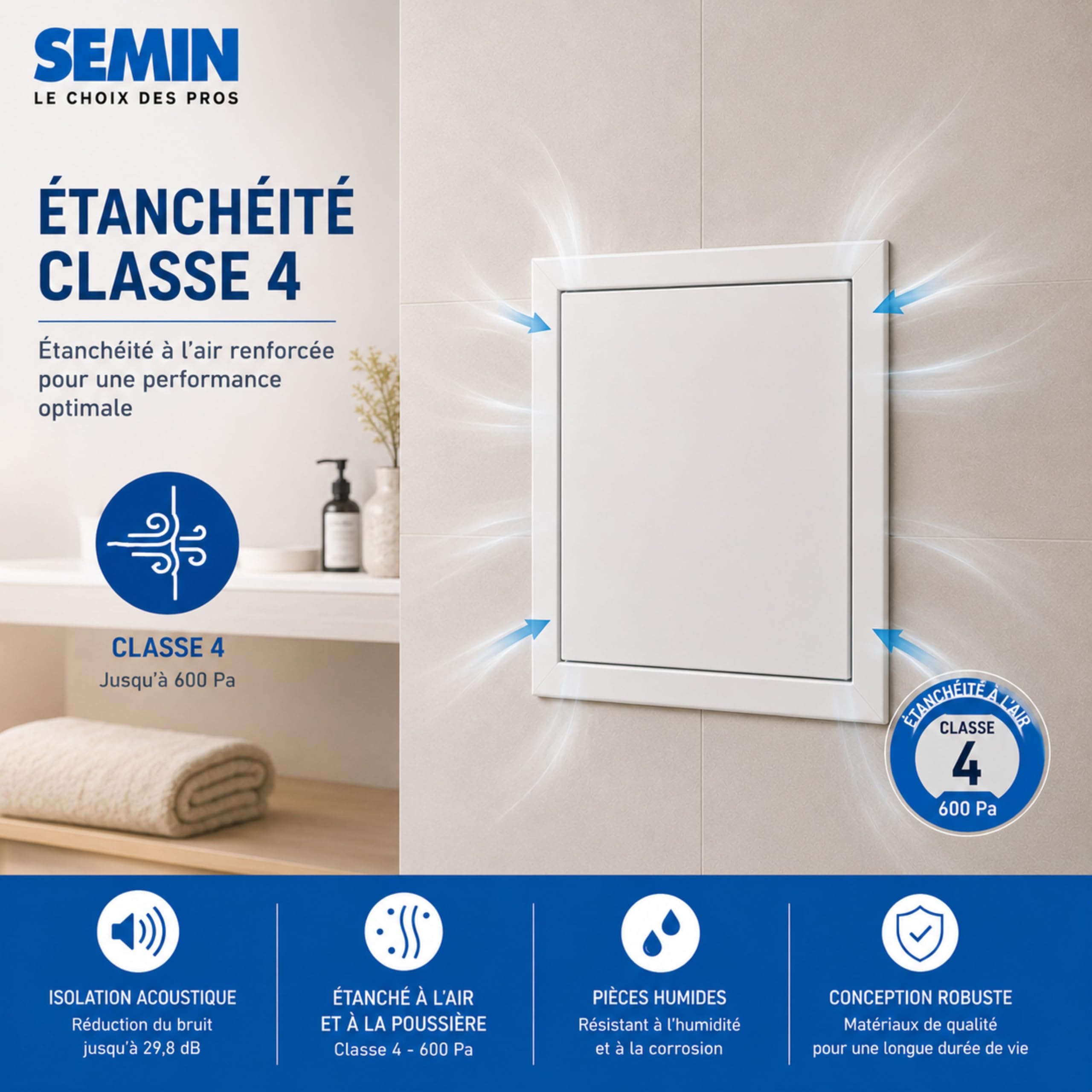 SEMIN Trappe de Visite HQ 500 x 500 mm – Trappe Métallique Laquée Blanche – Isolante Acoustique 29,8 dB – Étanche à l’Air et à la Poussière – Mur et Plafond – VMC et Gaines Techniques