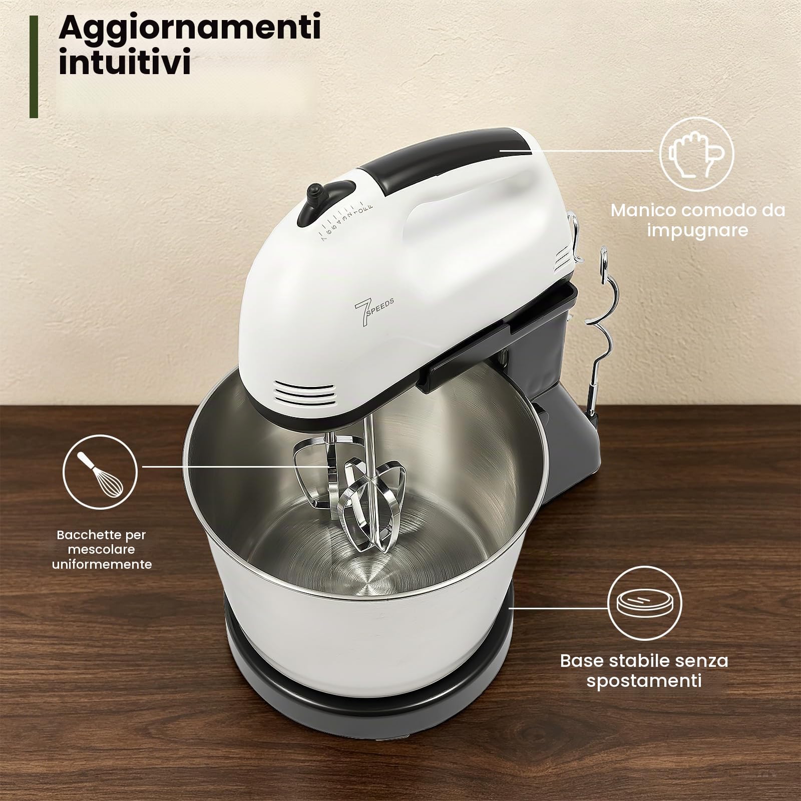 Macchina da cucina da 100 W, impastatrice con ciotola in acciaio inox da 1,7 l, 7 velocità, con 2 frullatori, robot da cucina per impasto del pane