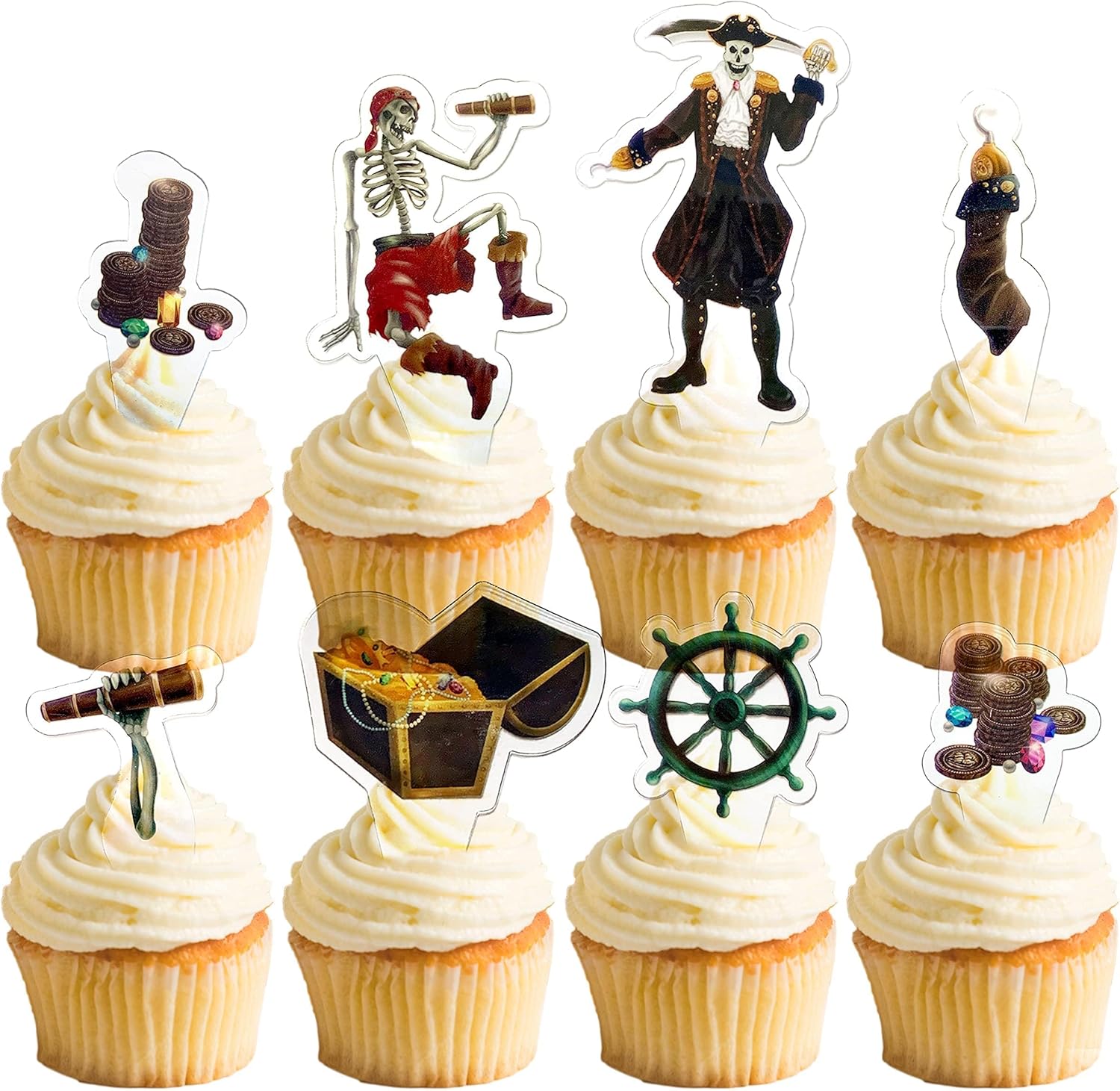 Cheerland Skull Pirate Cupcake Topper 24 Pcs for Halloween Caribbean Pirate Cake Decorations Skull Skeleton Gem Treasure Chest Captain Hook Ship Mast Birthday Party Supplies