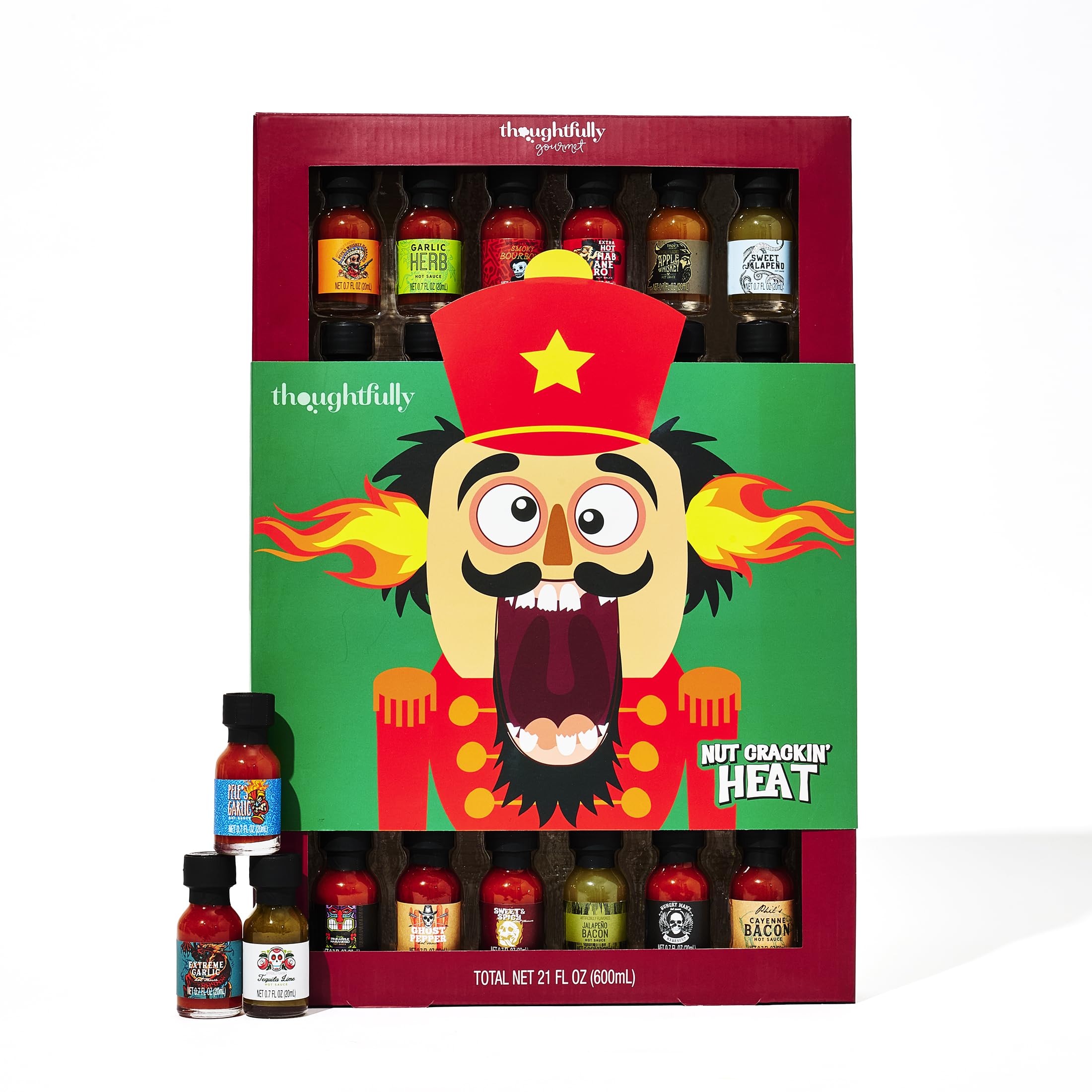 Coffret cadeau de dégustation de sauces piquantes gourmandes Thoughtfully Gourmet pour les fêtes, 30 sachets aux saveurs uniques comme ail et fines herbes et pomme-whisky, joliment emballé pour Noël