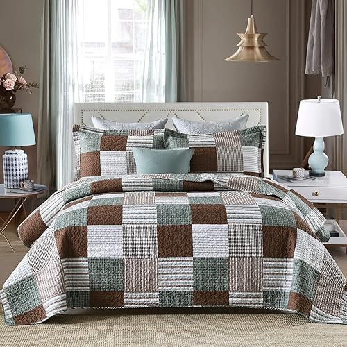 Y-PLWOMEN Juego de edredón tamaño Queen, edredón 100% algodón Queen, juego de edredón de retazos a cuadros de retazos marrón, verde y blanco, colcha