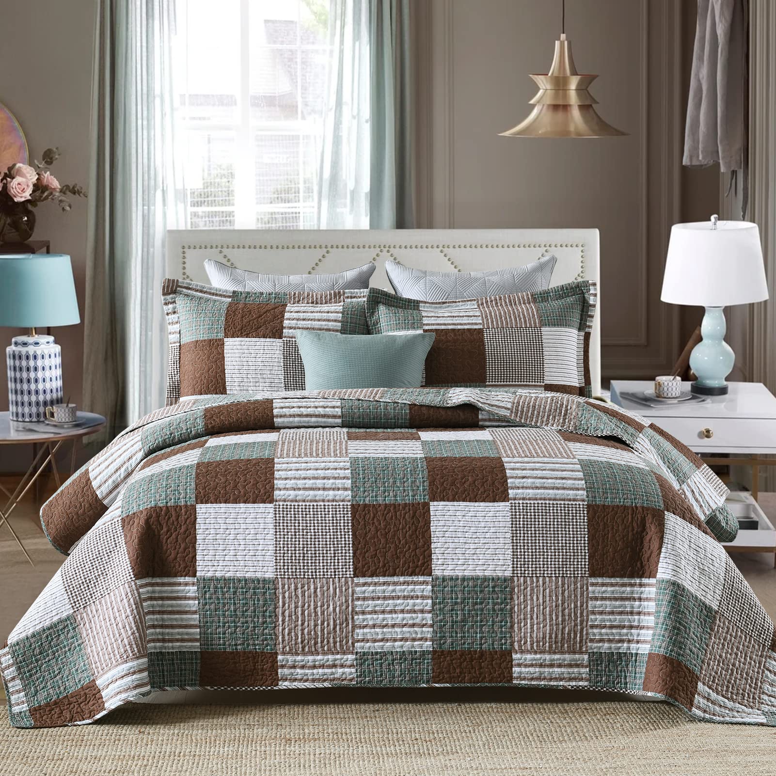 Y-PLWOMEN Quilt Set Queen Size, 100% Cotton Queen Quilt, Brown Green White Patchwork Plaid Quilt Sets Queen, Lightweight Reversible Soft Bedspreads Queen Size All Season, 3-Pieces