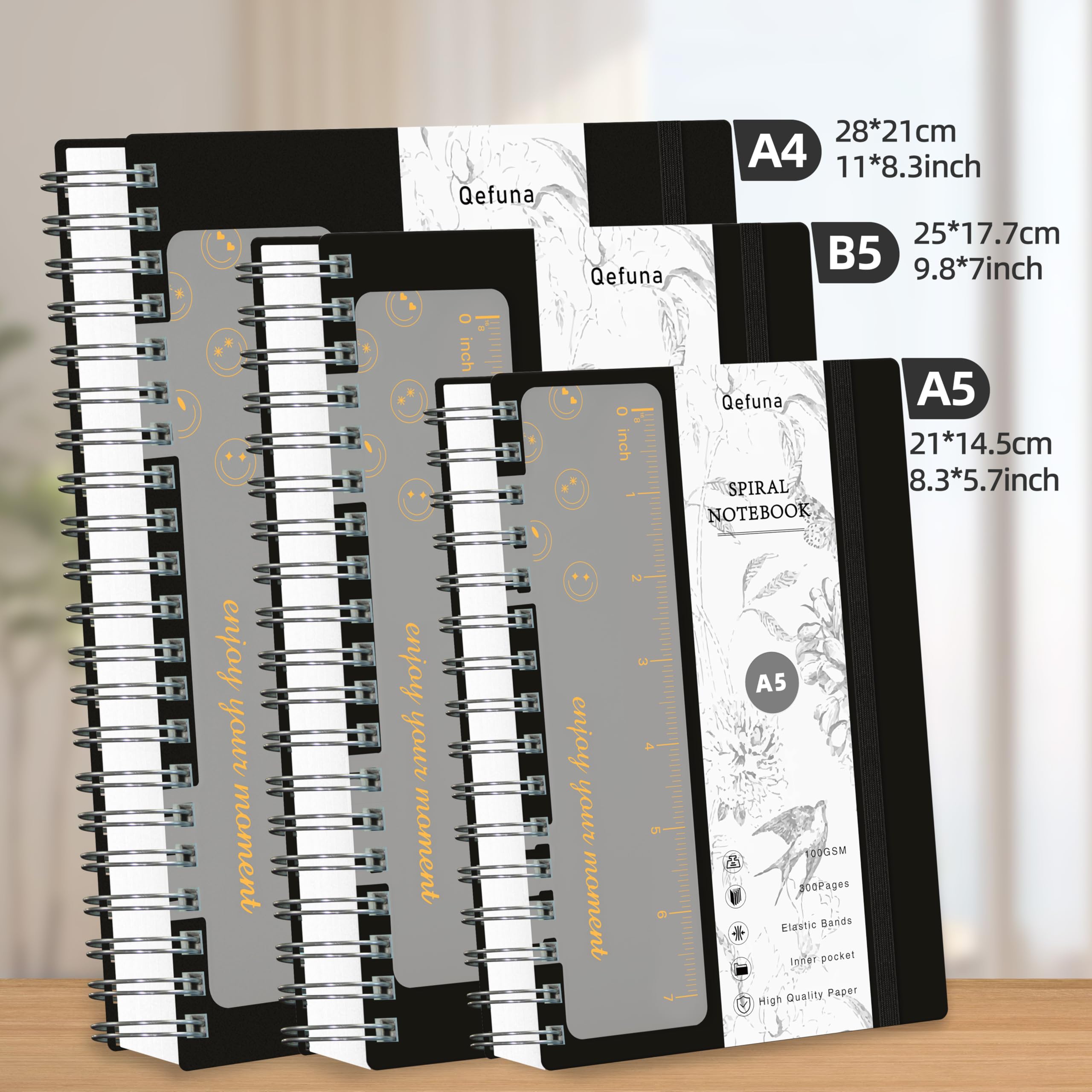Cuaderno de Puntos A5, Bullet Dot Journal,Cuaderno de Espiral de 300 Páginas,Papel Antitinta de 100 g/M²,Tapa Dura de PVC, con Regla,Bolsillos Ampliables,Bandas Elásticas,14,5 x 21 cm-Negro