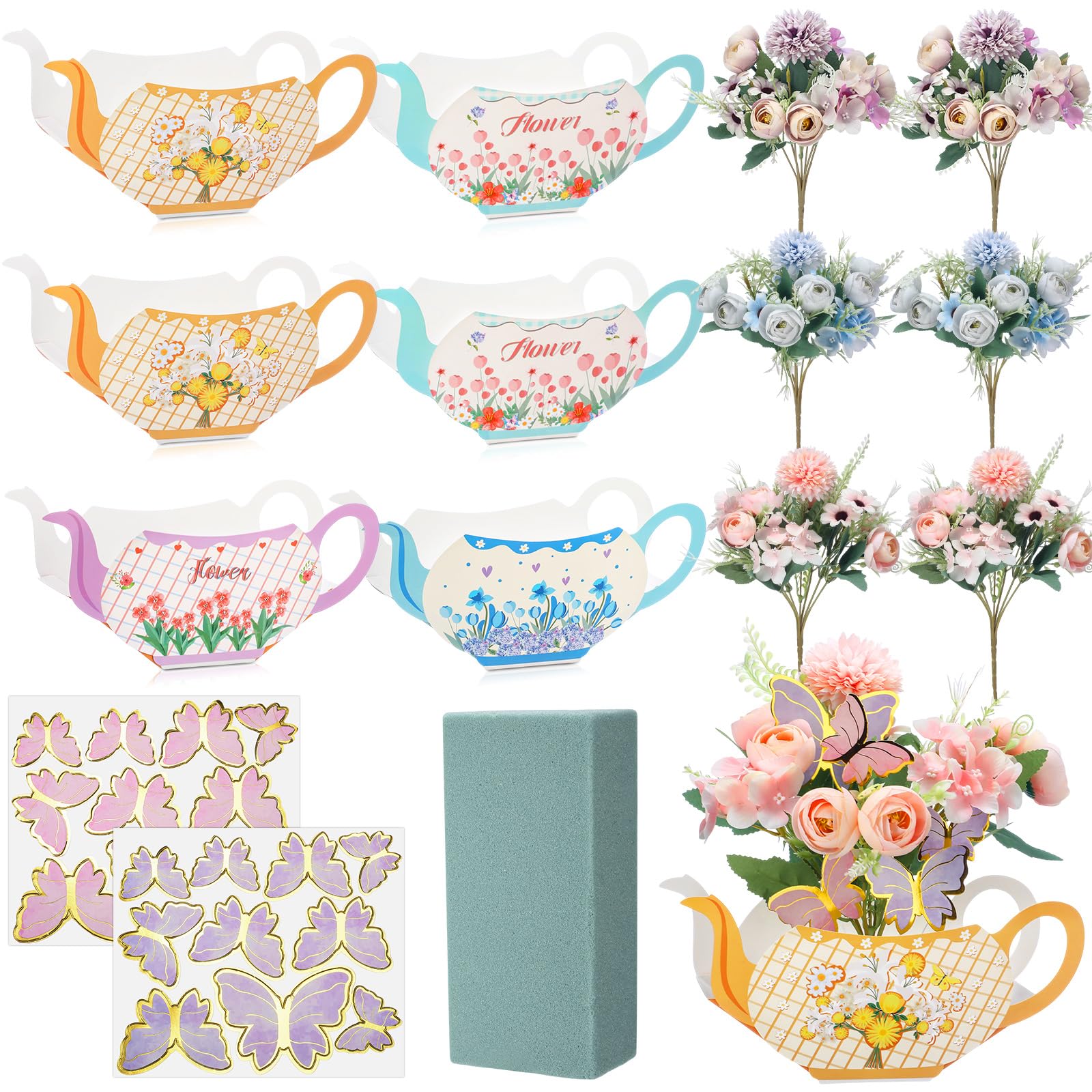 Lunmon 53 Pcs Floral Tea Party Decorations,6 Teapot Flower Boxes Tea Party Centerpiece for Table with 6 Artificial Peony Bouquets,40 Butterfly Plugin,