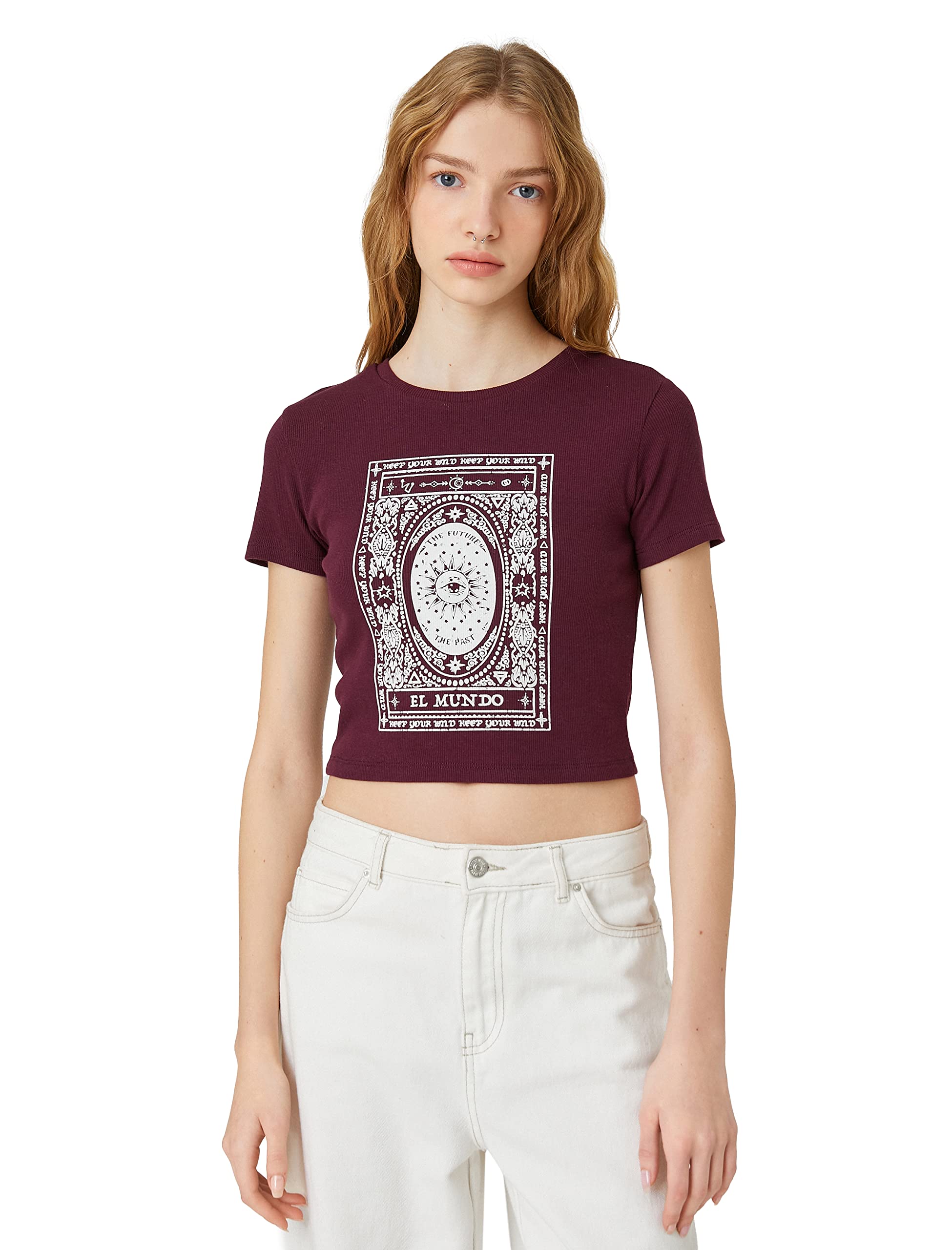 Koton Crew Neck Printed Short Sleeve Cotton T-Shirt, Camiseta Mujer, Bordeaux (456